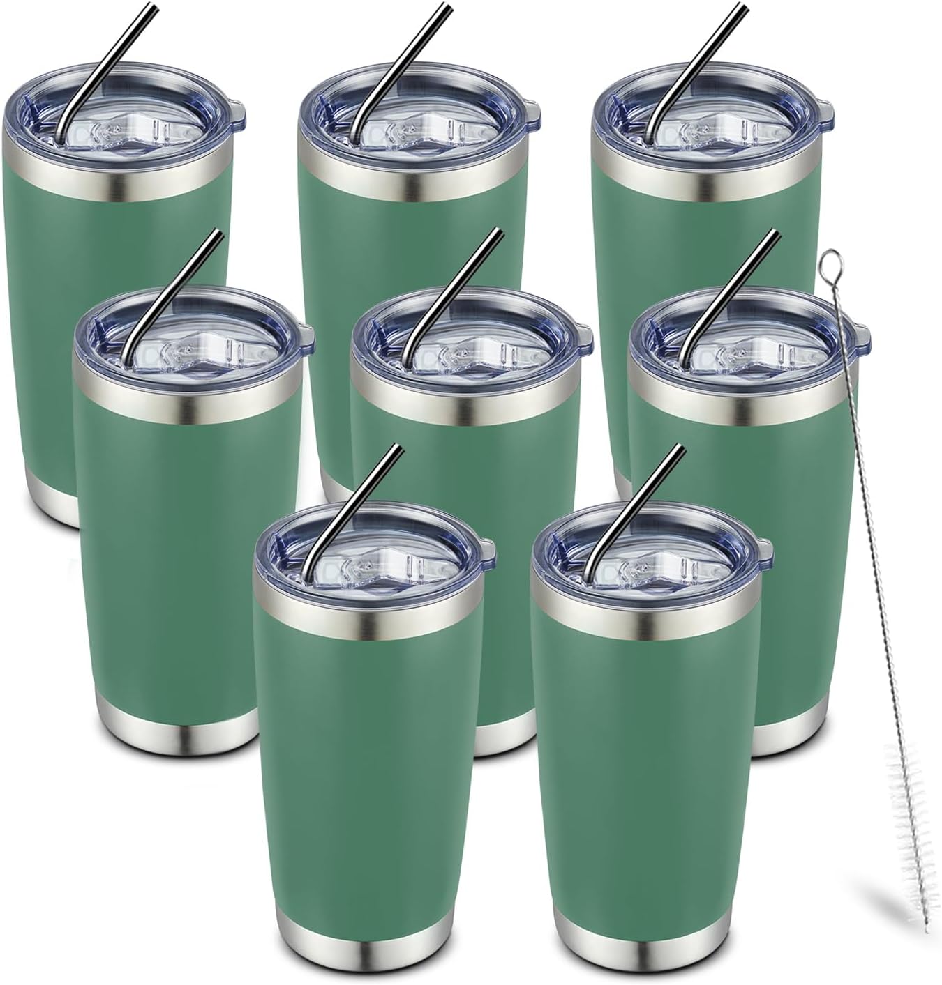 COMOOO 20oz 8 Pack Tumbler Double Wall Vacuum Insulated Coffee Travel Mug Stainless Steel Tumbler Bulk with Lid and Straw Insulated Coffee Cup for Cold & Hot Drinks (dark green, 8 Pack)