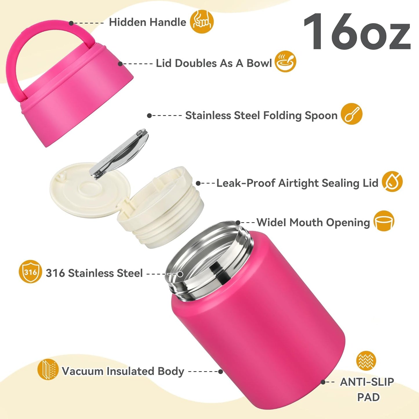 Soup Thermo for Hot Food Kids 16oz Insulated Food Jar Leakproof Thermo Lunch Container for Kids Wide-Mouth Stainless Steel Lunch Box for School with Handle Folding Spoon(3+)