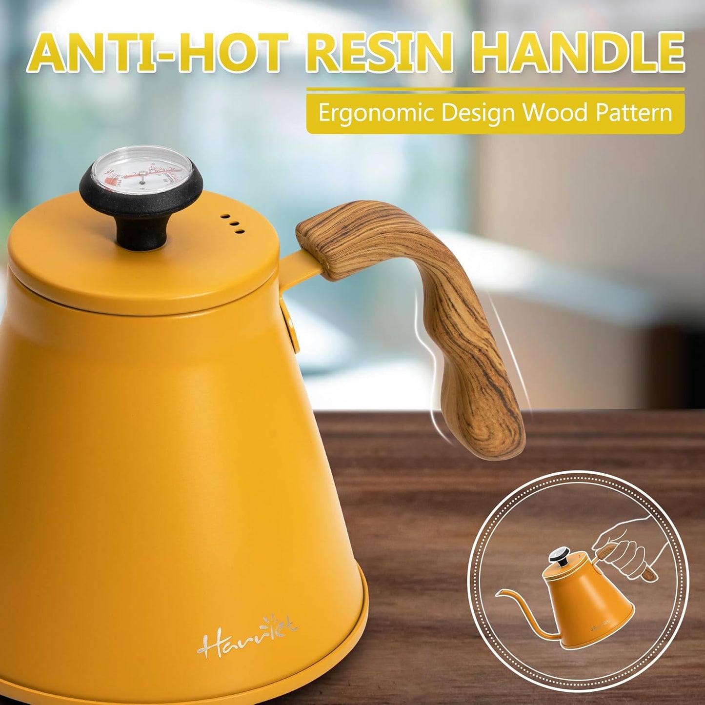 Harriet Gooseneck Kettle with Thermometer for Pour Over Coffee and Tea, 37 fl oz, Stainless Steel, Durable 3-Layer Base, Ideal Spout for Precision Pouring, Compatible with all Stove Tops, Yellow