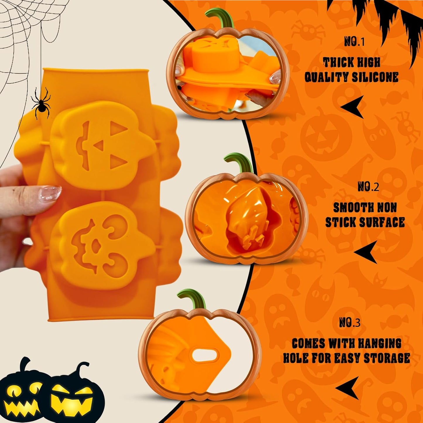 Halloween Silicone Molds Set 19 Shapes Large Baking Molds Pack of 4 Including Pumpkin Skull Ghost Bat Hat Spider Web House Molds, 3D Spooky Homemade Soap Candle Ice Pan Muffin Cupcake Moulds Oven Safe