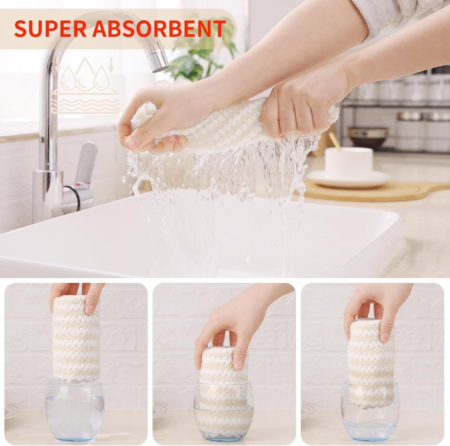 Homaxy 12 Pack Kitchen Dish Cloths, Ultra Soft and Absorbent Dish Towels, Reusable Fast Drying Microfiber Cleaning Cloth, Coral Velvet Wave Design No-lint, 10 x 10 inches, Beige