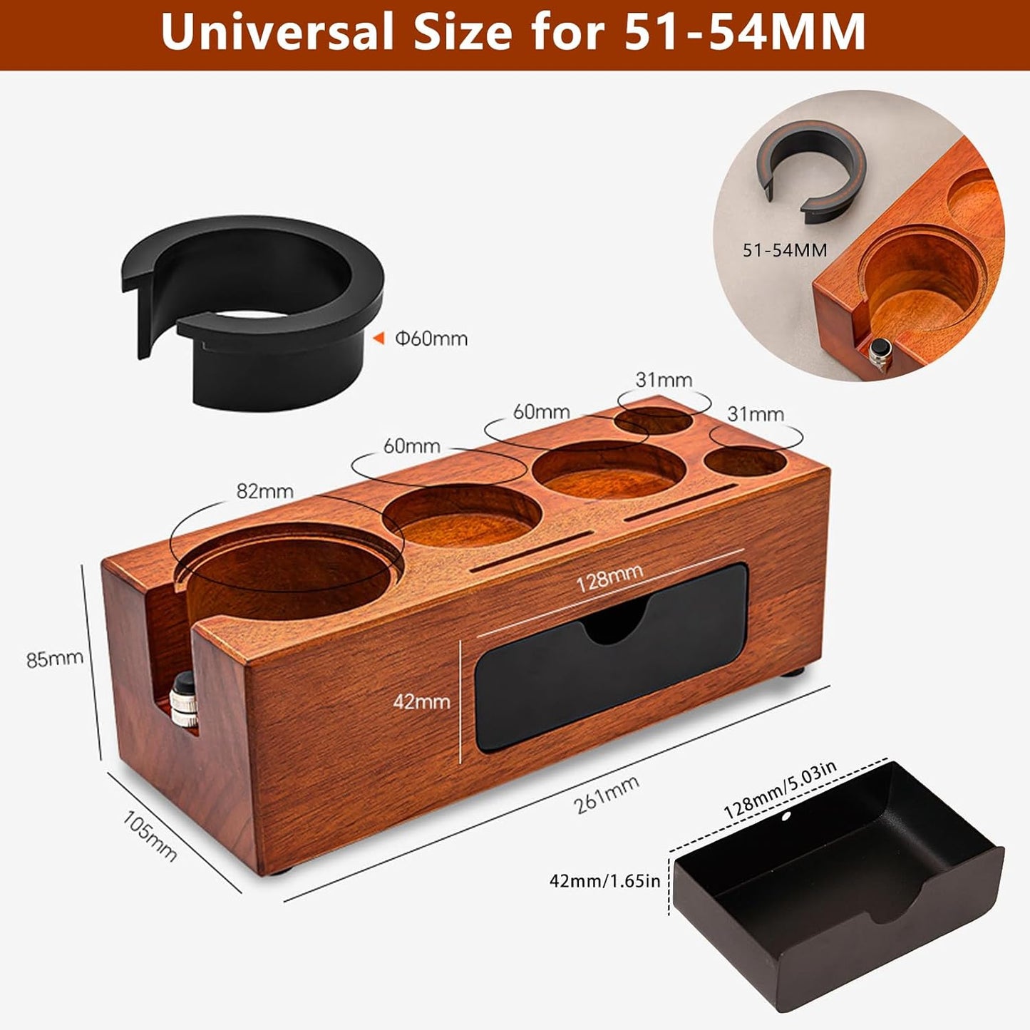 54mm Espresso Tamping Station - 8 in 1 Espresso Organizer for Storage 51/53/54mm Coffee Tamper, Distributor, Portafilter & Puck Screen Accessories, Wooden Tamper Station