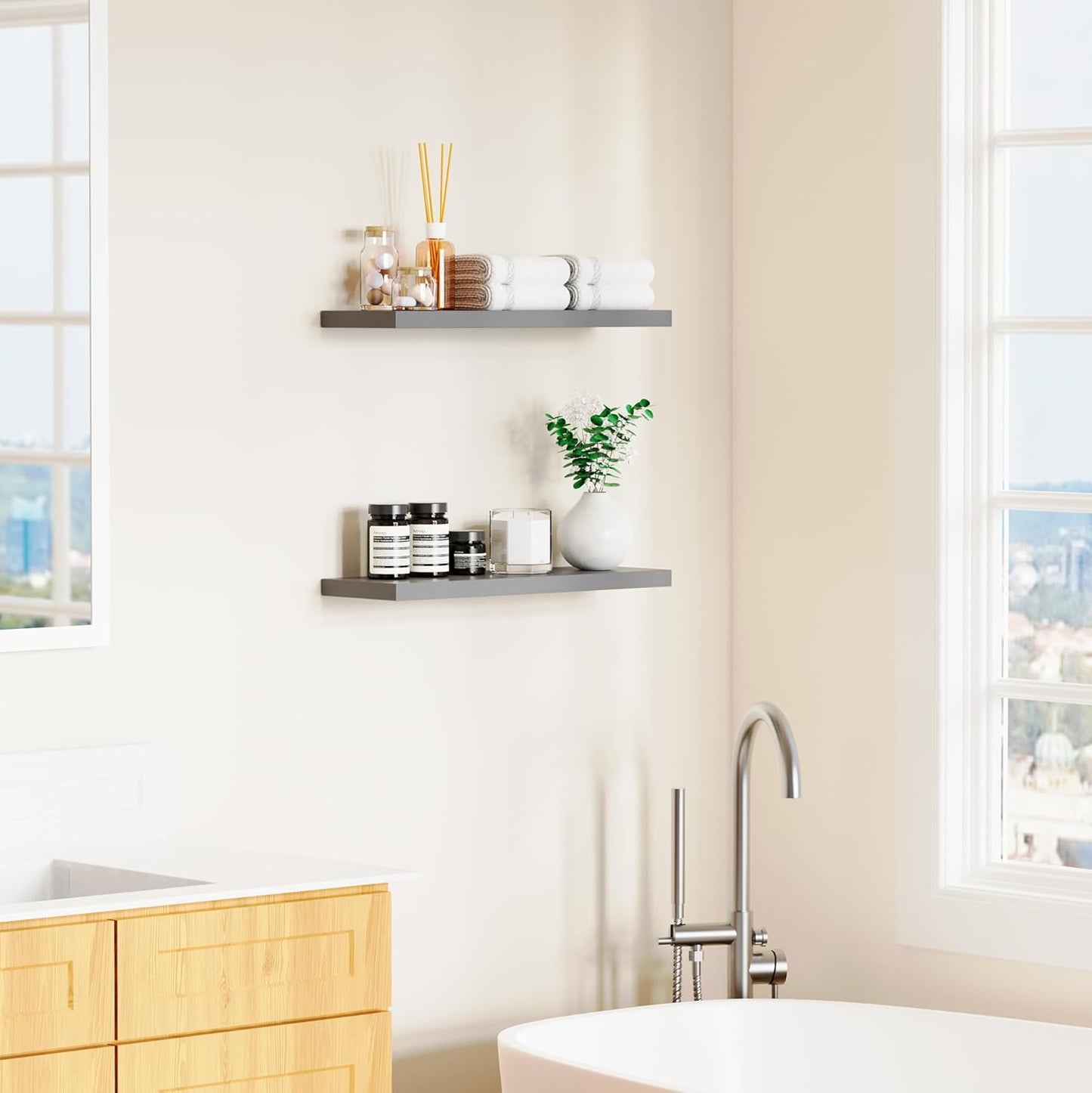 Floating Shelves for Wall, Gray Wood Wall Shelf Set of 2, 24" Walls Mounted Floating Shelf for Kitchen, Living Room, Bedroom, Bathroom Storage, Book Shelf for Walls Home Decor, Frame Display