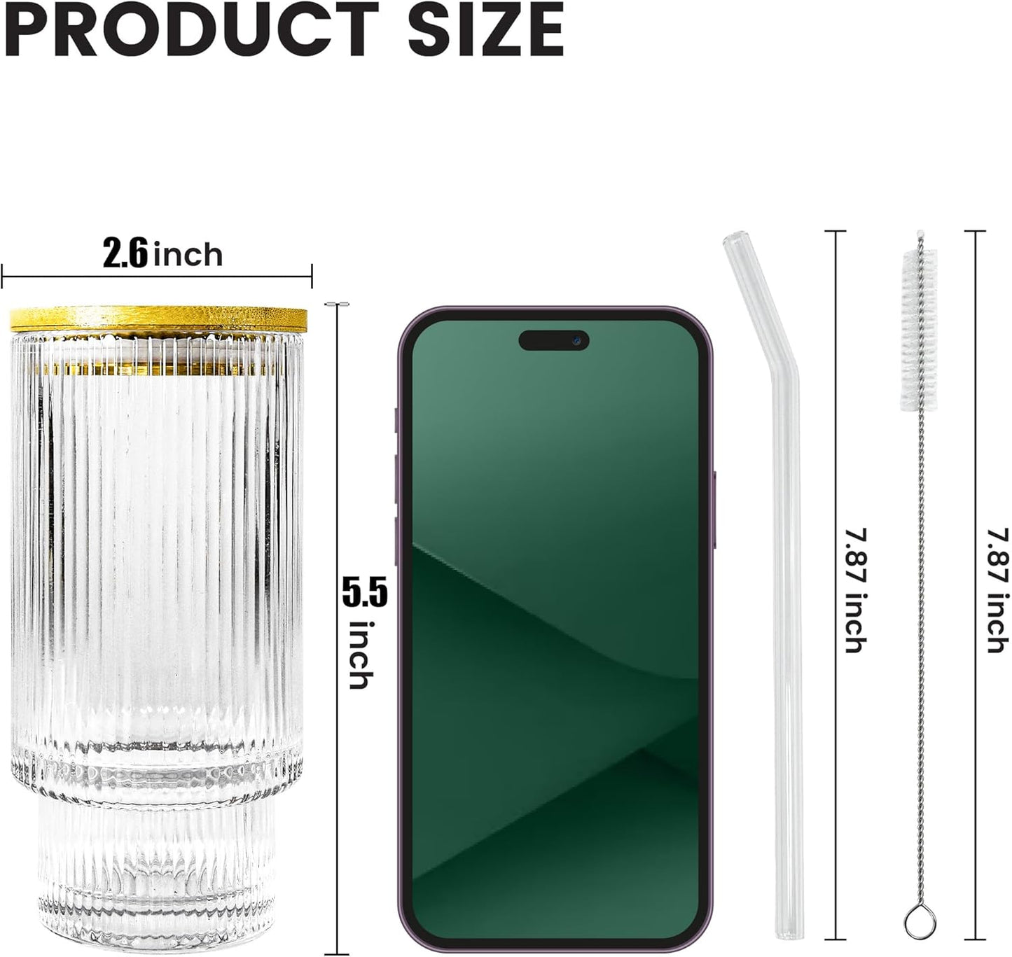 2 Pcs 16oz Glass Cups with Lids and Straws Ribbed Vintage Iced Coffee Glasses for Tea Iced Coffee Soda Cocktail Smoothie(Ribbed*2)