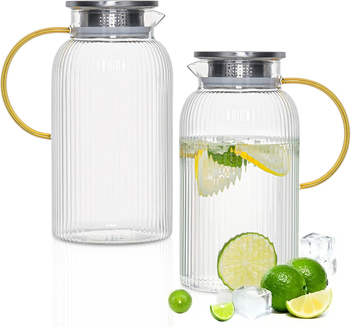 INSETLAN 68 Oz/2L Glass Pitcher with Lid and Spout, Ribbed Glass Jugs with Handle, Hot & Cold Water Pitcher for Iced Tea, Juice, Lemonade - Modern Glass Carafe for Fridge or Table (Pack of 2)