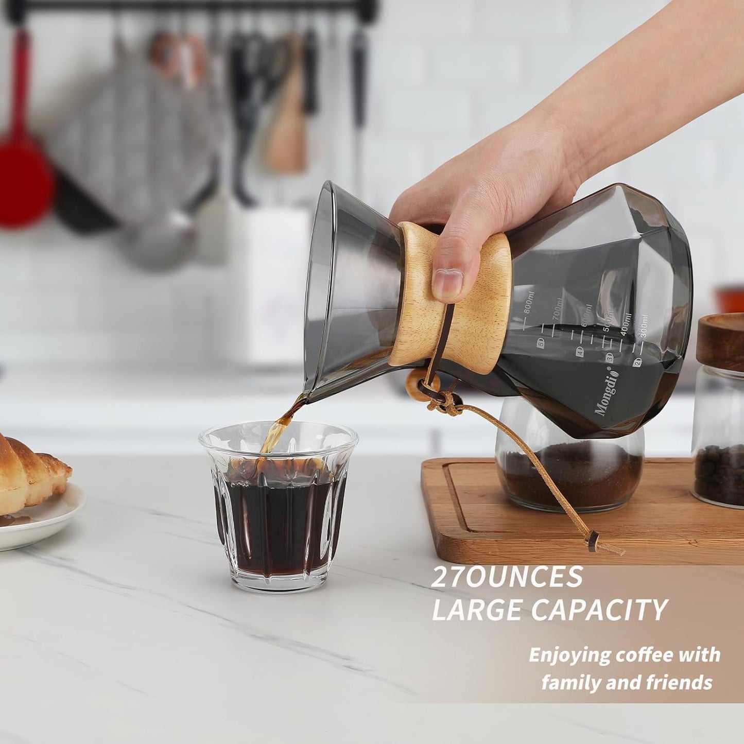 Mongdio 27 Oz Pour Over Coffee Maker with Stainless Steel Filter and Wooden Collar Holder, Borosilicate Glass Coffee Maker for Camping Home, 800ML/27OZ, Gray