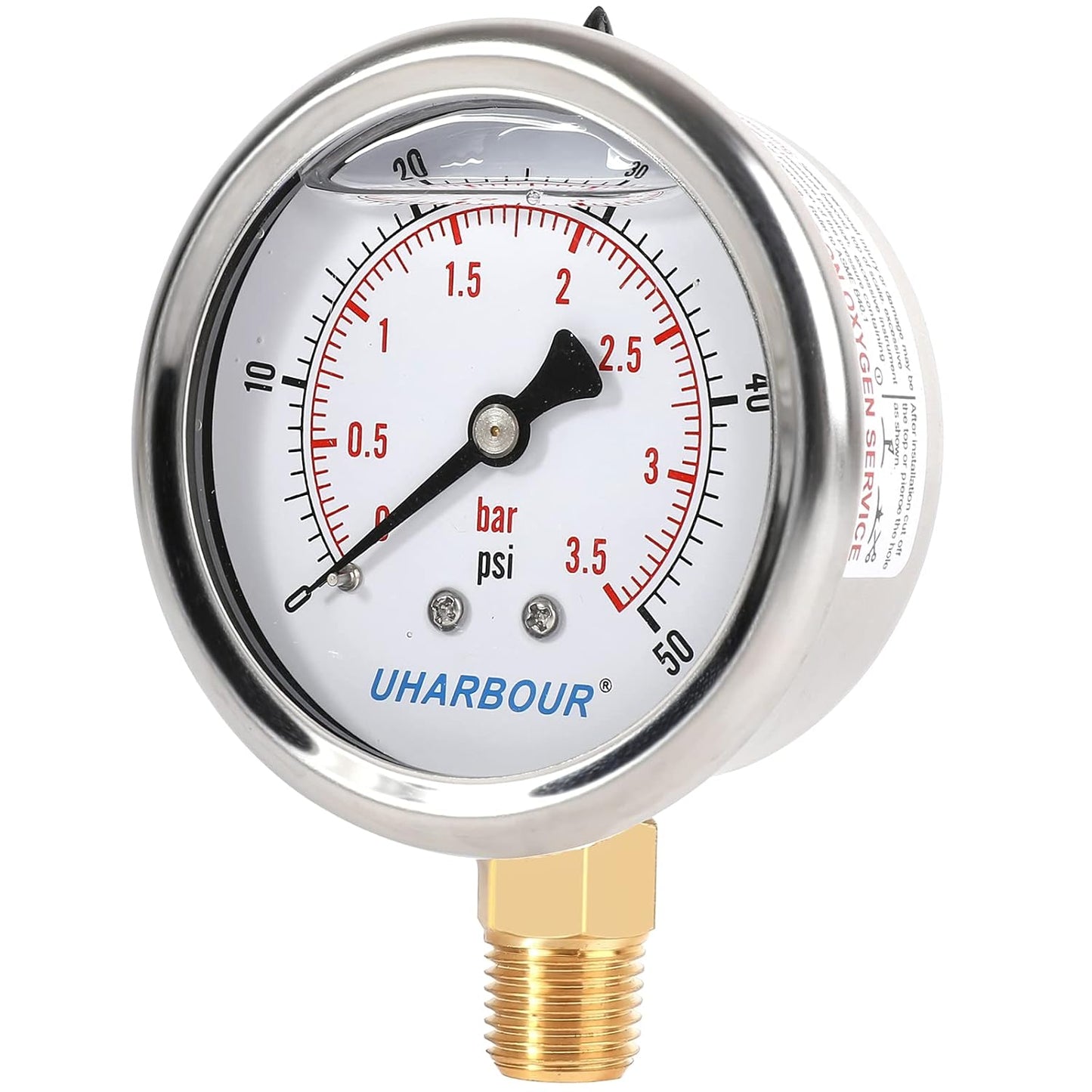 Glycerin Filled Low Pressure Gauge 50psi/3.5bar, Stainless Steel case, Brass Inside Construction, 2-1/2" dial, 1/4" NPT Rear Connection.