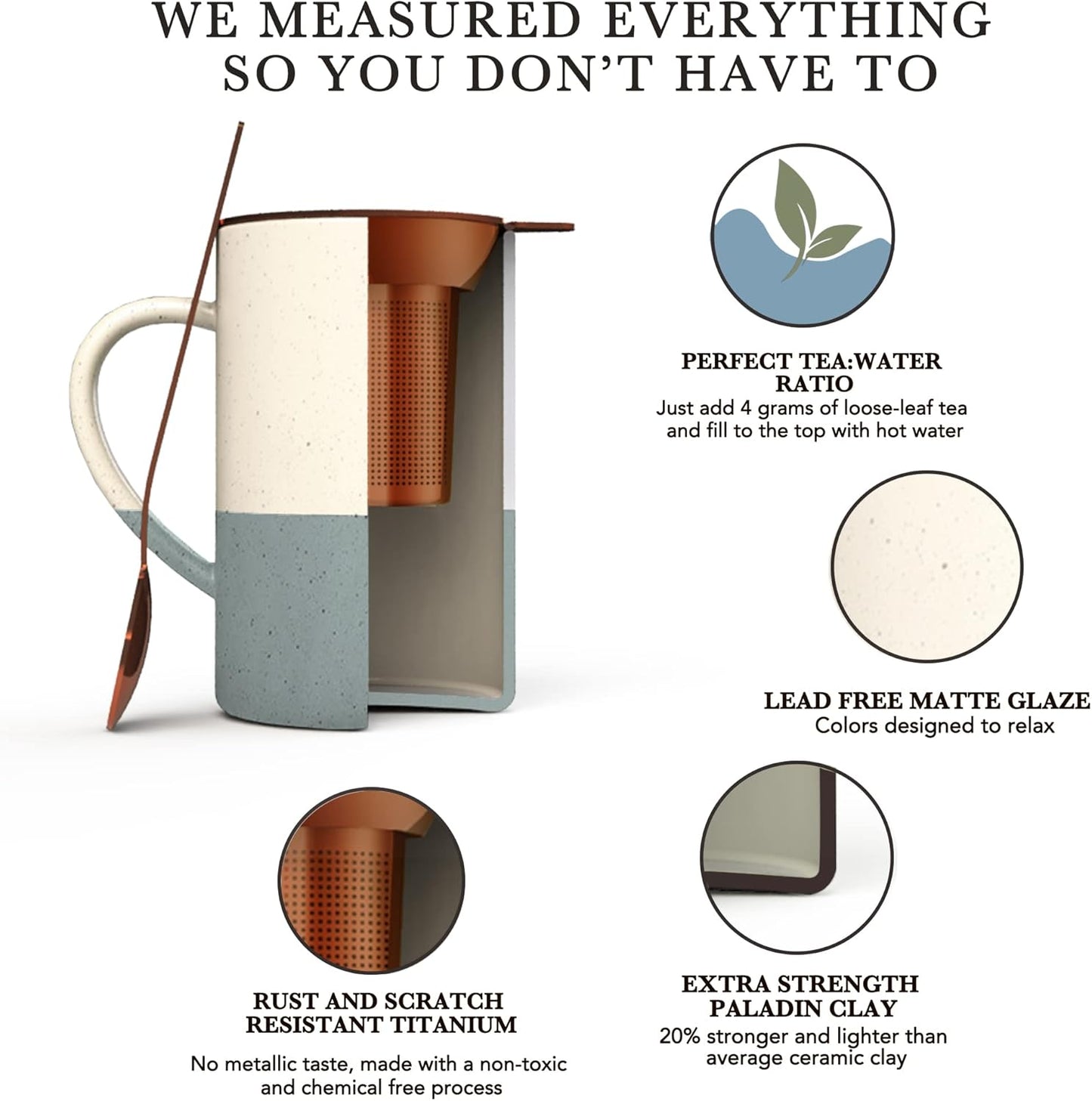 Mora Ceramics Tea Cup with Loose Leaf Infuser, Spoon and Lid, 12 oz, Microwave and Dishwasher Safe Coffee Mug - Rustic Matte Ceramic Glaze, Modern Herbal Tea Strainer - Great Gift for Women, Flint