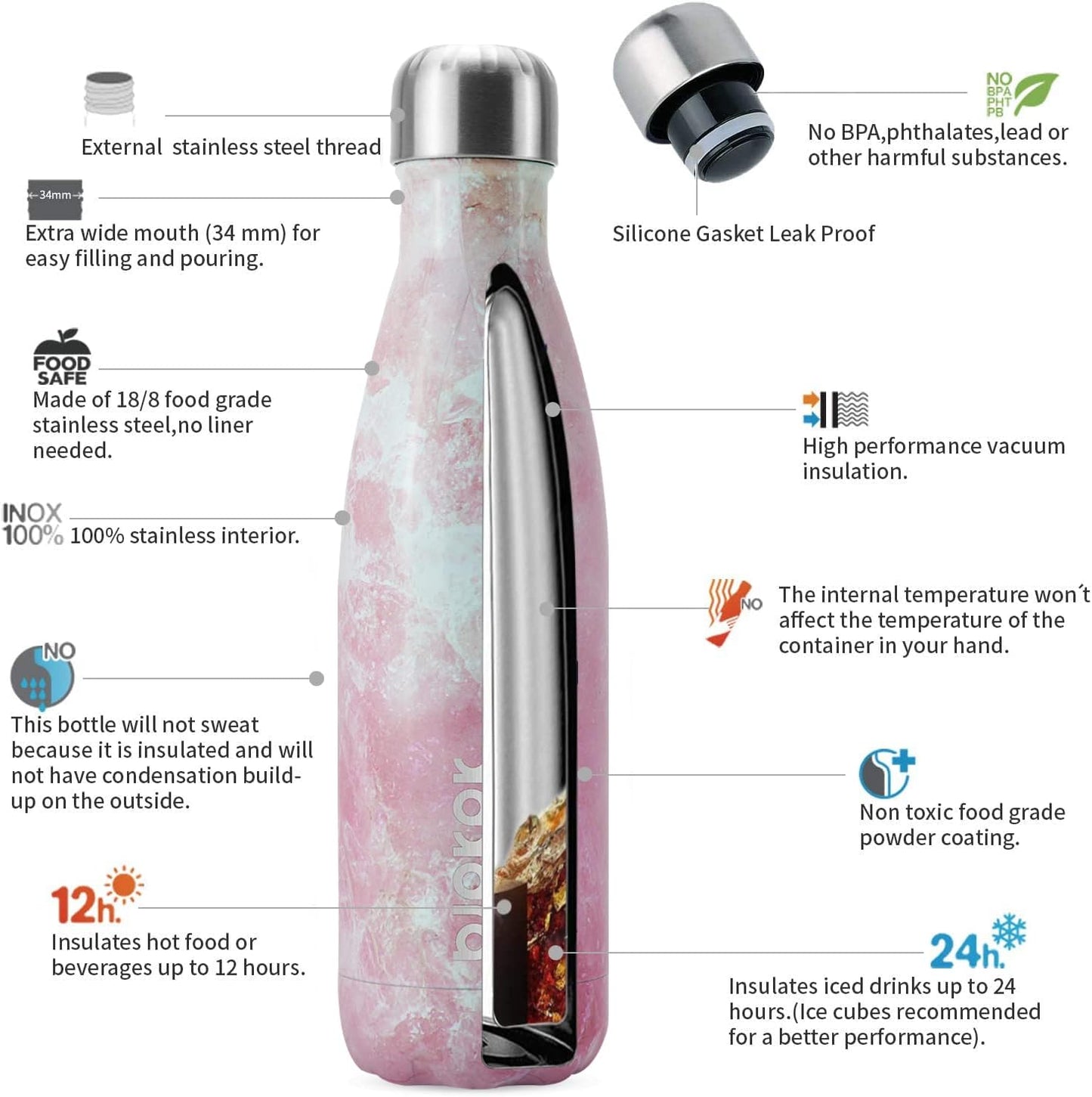 BJPKPK Insulated Water Bottles 17oz Stainless Steel Sports Water Bottles Keep Cold for 24 Hours and Hot for 12 Hours,BPA Free,Marble Blossom
