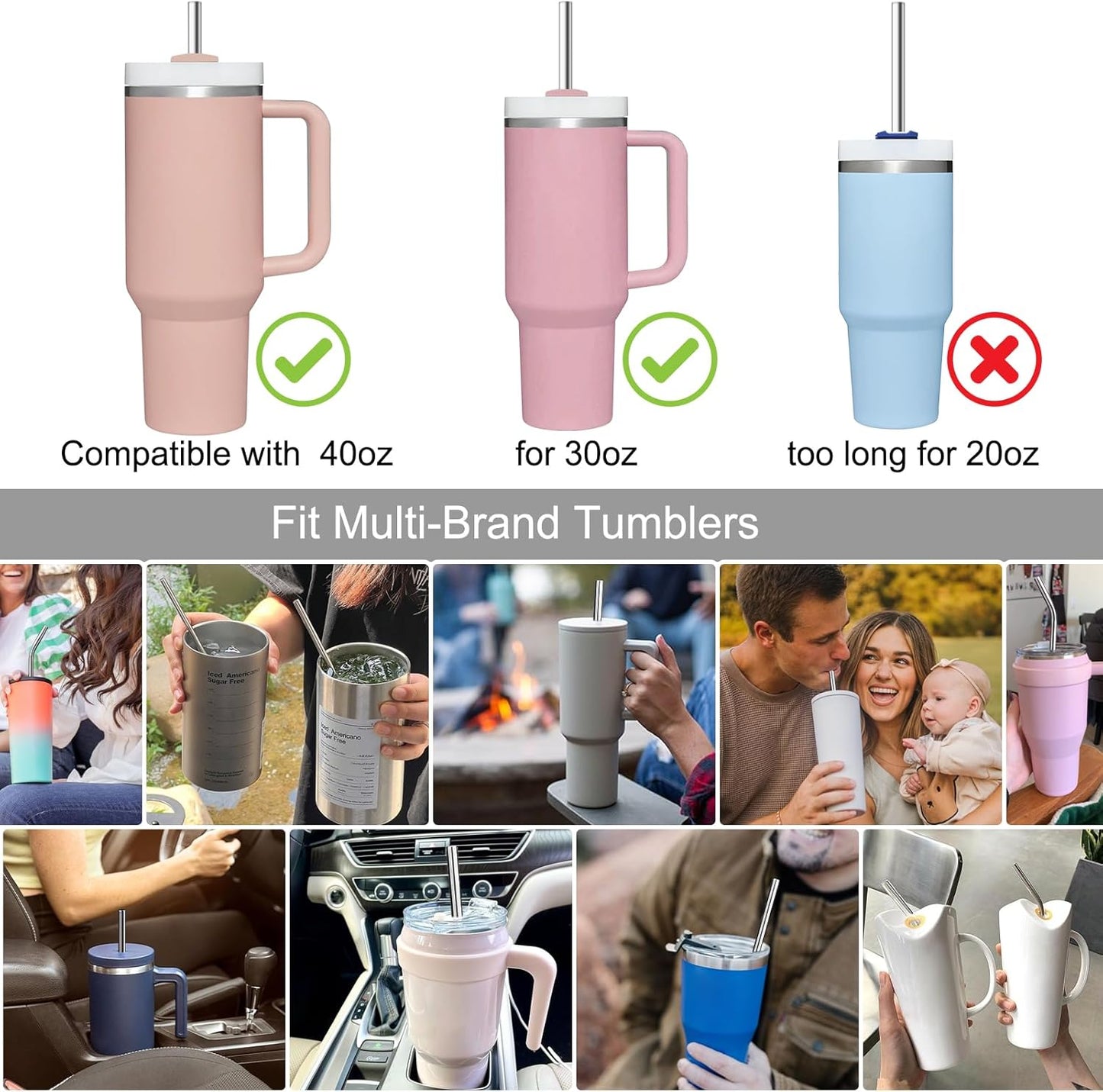 AIERSA Metal Straws for 40oz Tumbler Replacement,12 Inch Reusable Stainless Steel Straw Compatible Stanley Cup, 6pcs Large Straws with Cleaning Brush for Stanley Cup Accessories