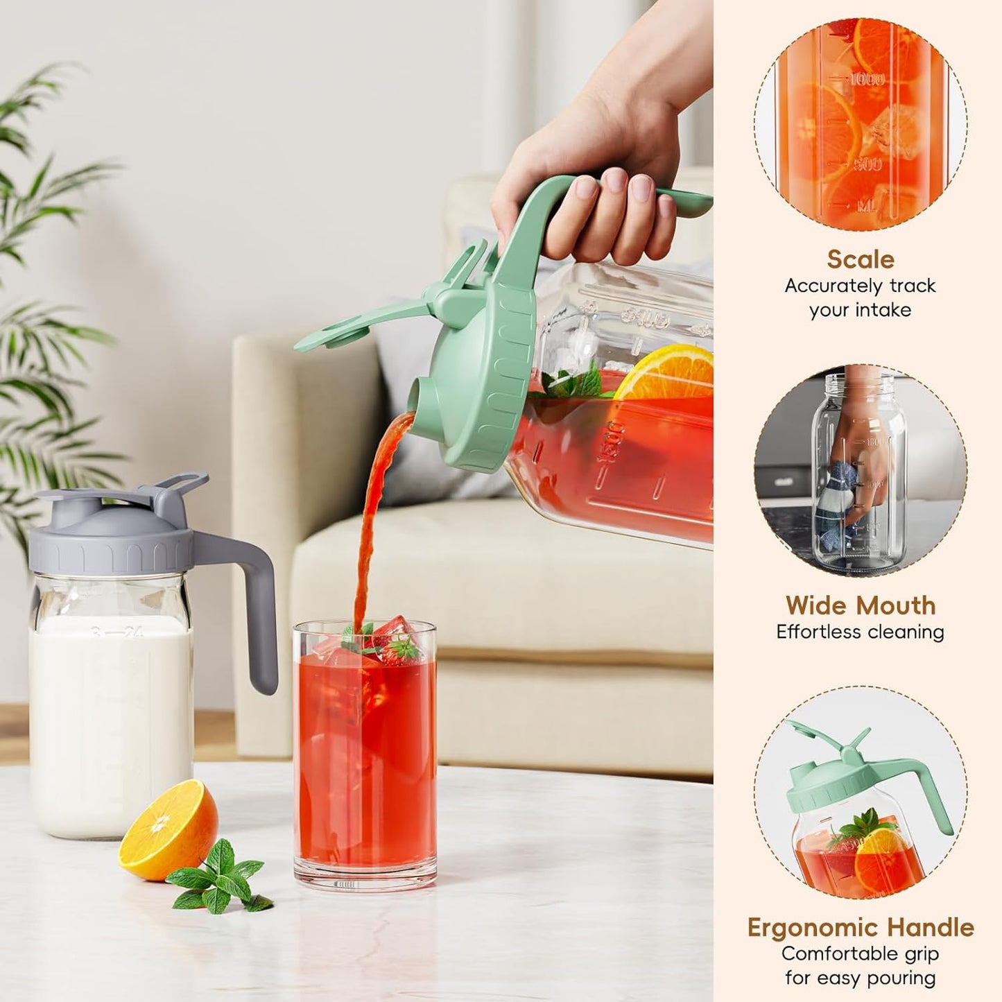 Breast Milk Pitcher Jug - 32 oz Glass Mason Jar Airtight Pitcher with Pour Spout Handle for Breastmilk, Iced Tea, Ice Drinks Storage Container（Green）