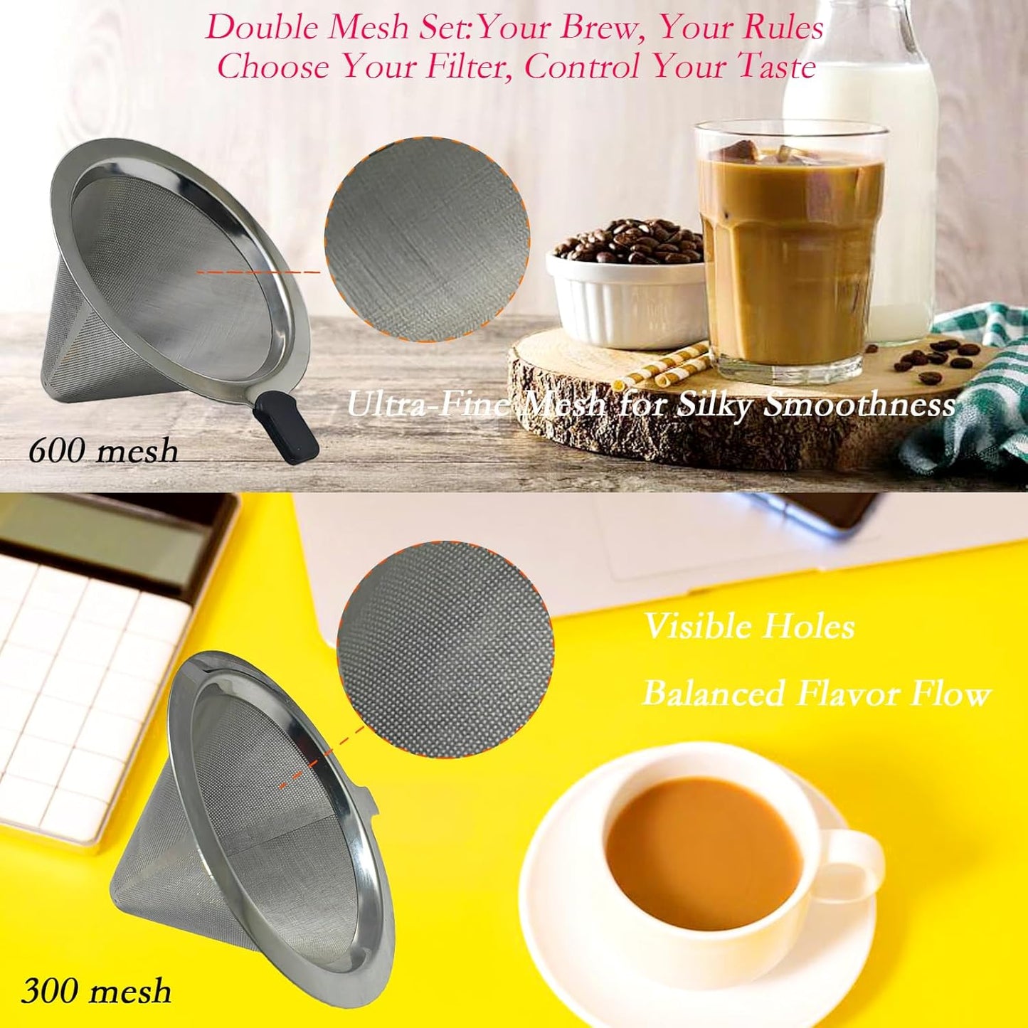 Double Mesh Pour Over Coffee Filter Set - 300+600 Mesh Reusable Stainless Steel Coffee Filter with Detachable Handle, Easy Clean, 2-in-1 for Drip/Cold Brew/Espresso,Fits Most V60/Chemex Brewers