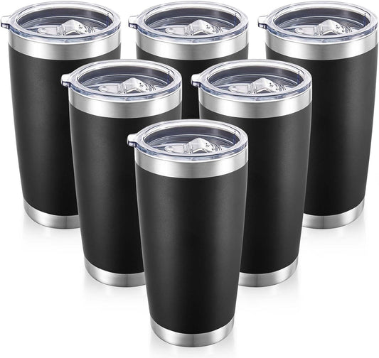 20 oz Tumblers Bulk Stainless Steel Tumbler with Lid Double Wall Vacuum Insulated Coffee Mug 20oz Powder Coated Cup for Hot and Cold Drinks, Black, 6 pack