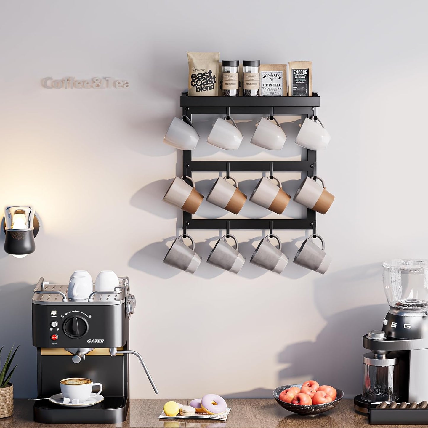 Coffee Mug Rack Wall Mounted, Rustic Metal Mug Holder Organizer with 12 Hooks and Top Shelf Cup Storage Rack for Home Kitchen Coffee Bar Station Mug Display and Collection