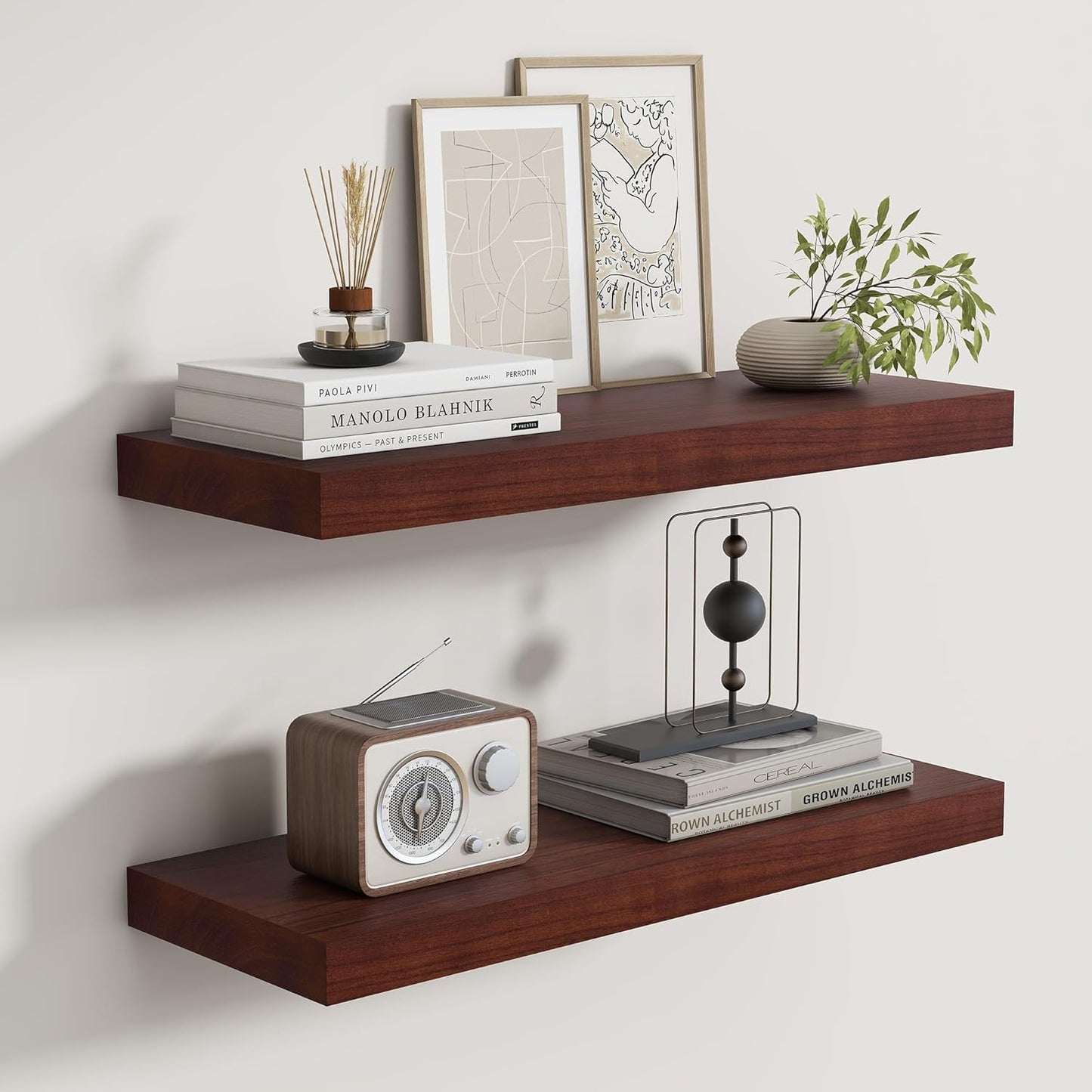 Fun Memories Rustic Floating Shelves for Home Decor, 8 Inch Deep Floating Shelf, Solid Wood Floating Wall Shelves 24 Inch Long, Deep Wall Shelves for Bathroom, Living Room, Walnut Finsh, Set of 2