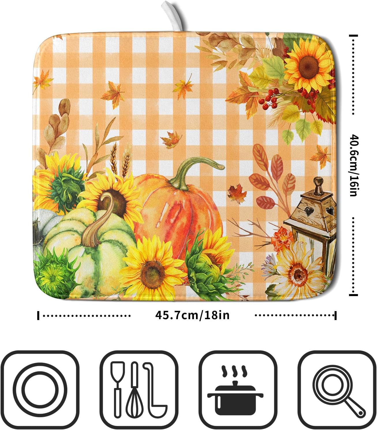 Autumn Maple Leaf Orange White Check Plaids Dish Drying Mat for Kitchen Counter,Fall Sunflower Pumpkin Drying Mat 16 x 18 Inch with Absorbent Reversible Microfiber Dish Drying Pad for Coffee Bar