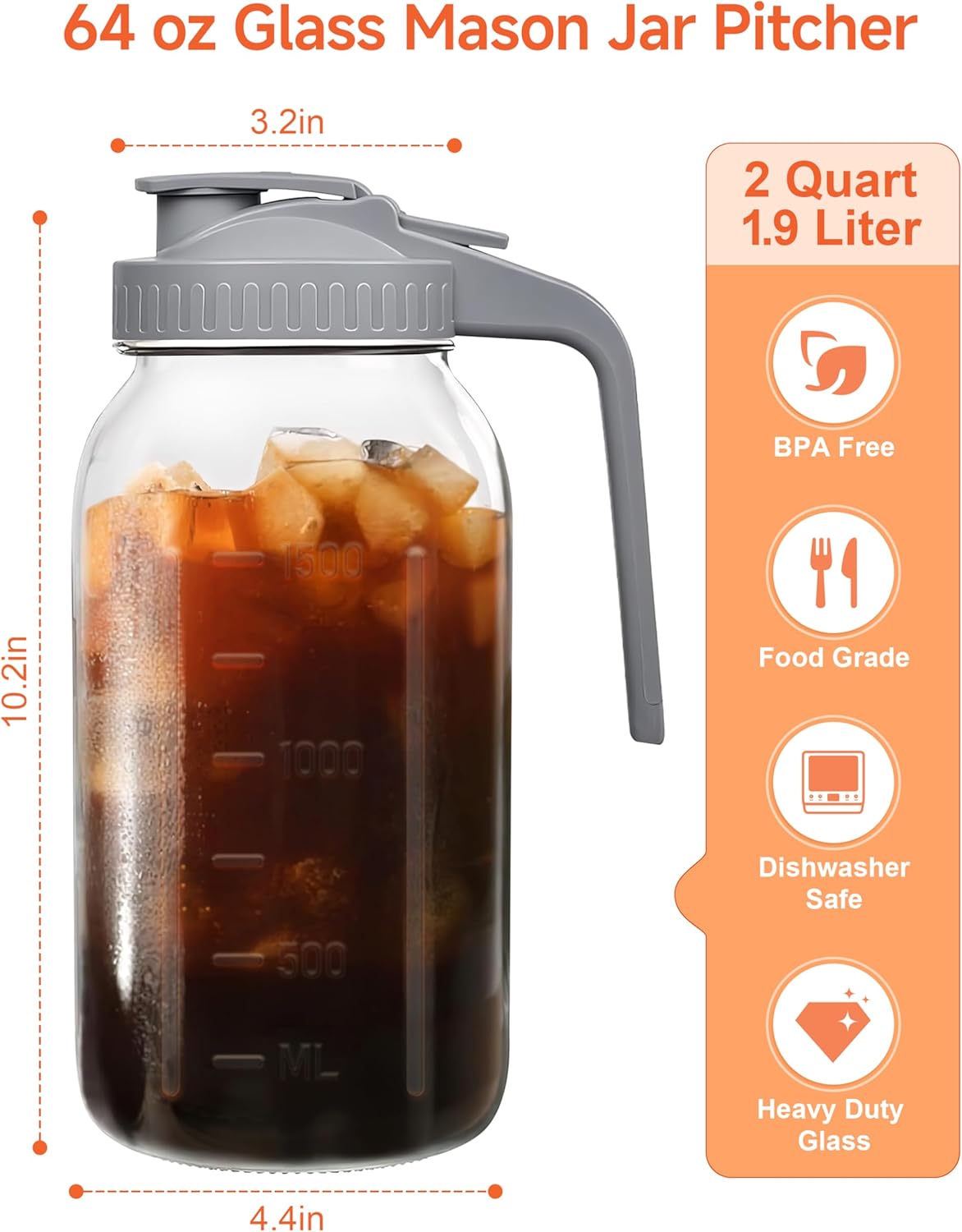 2 Quart Wide Mouth Glass Pitcher with Lid, 64oz Mason Jar Pitcher, Leak-proof Iced Tea Pitcher,Heavy Duty Container for Fridge Sweet Tea,Juice,Cold Brew Coffee,Breastmilk Storage Drinks-1PACK/Black
