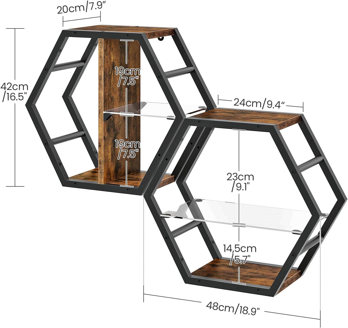 Hexagon Floating Shelves Set of 2, Glass Hanging Shelves for Wall Decor, Industrial Style Wall Storage Rack and 12 S-Hooks, for Living Room, Bedroom, Office, Game Center, Rustic Brown TBJ08BF
