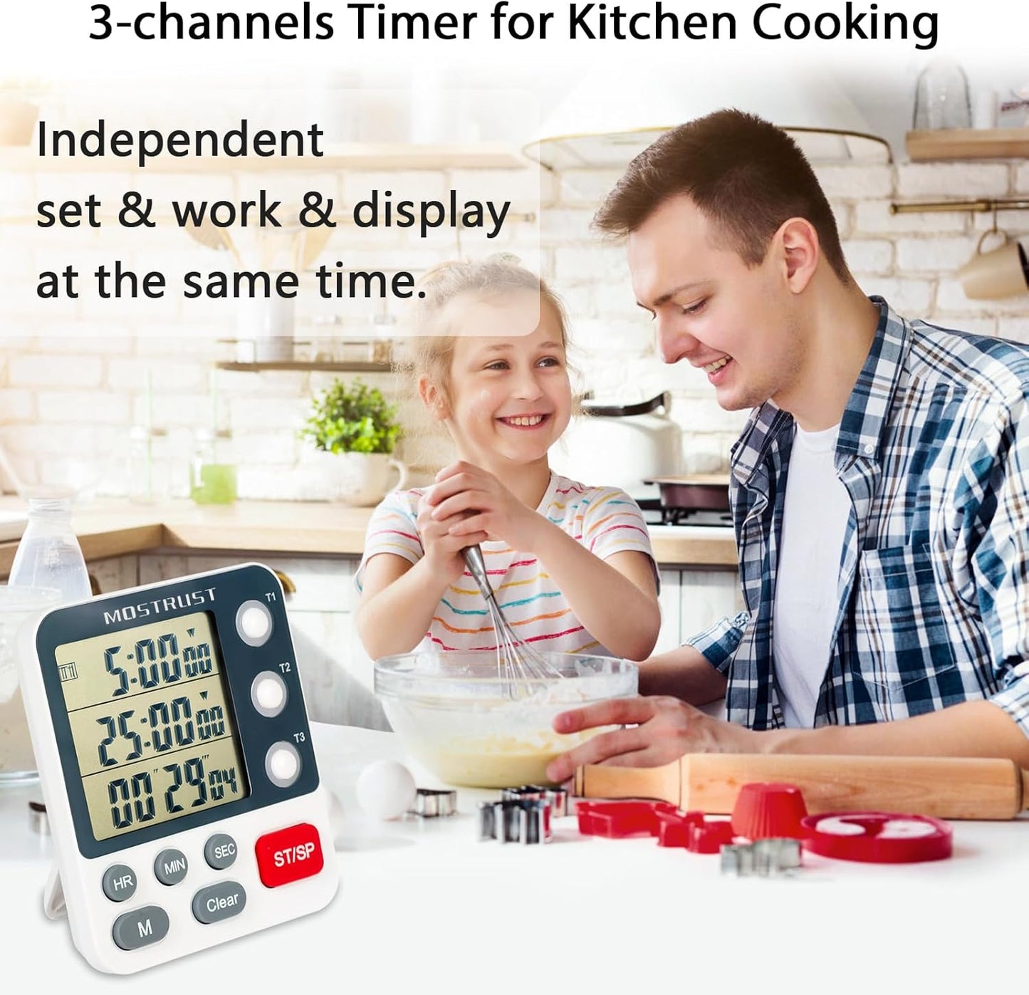 Digital Dual Kitchen Timer, 3 Channels Count Down/Up Triple Timer for Cooking, Magnetic Memory-Preset Large Display Adjustable Alarm Volume, Multi Times Management, 3A Battery Included, White