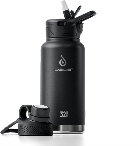IDEUS Insulated Stainless Steel Water Bottle with 2 Leak-Proof Lids, Thermal Water Flask for Hiking Biking, 32oz, Black
