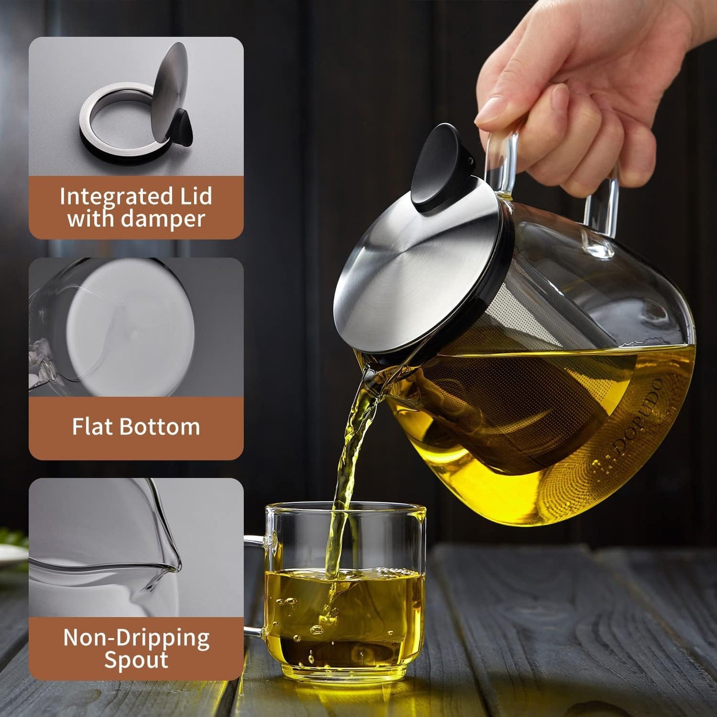 Glass Teapot Tea Pot with Removable Stainless Steel Infuser, 25oz / 760ml Borosilicate Glass Tea Kettle for Office Work, Fine Strainer for Loose Leaf Tea
