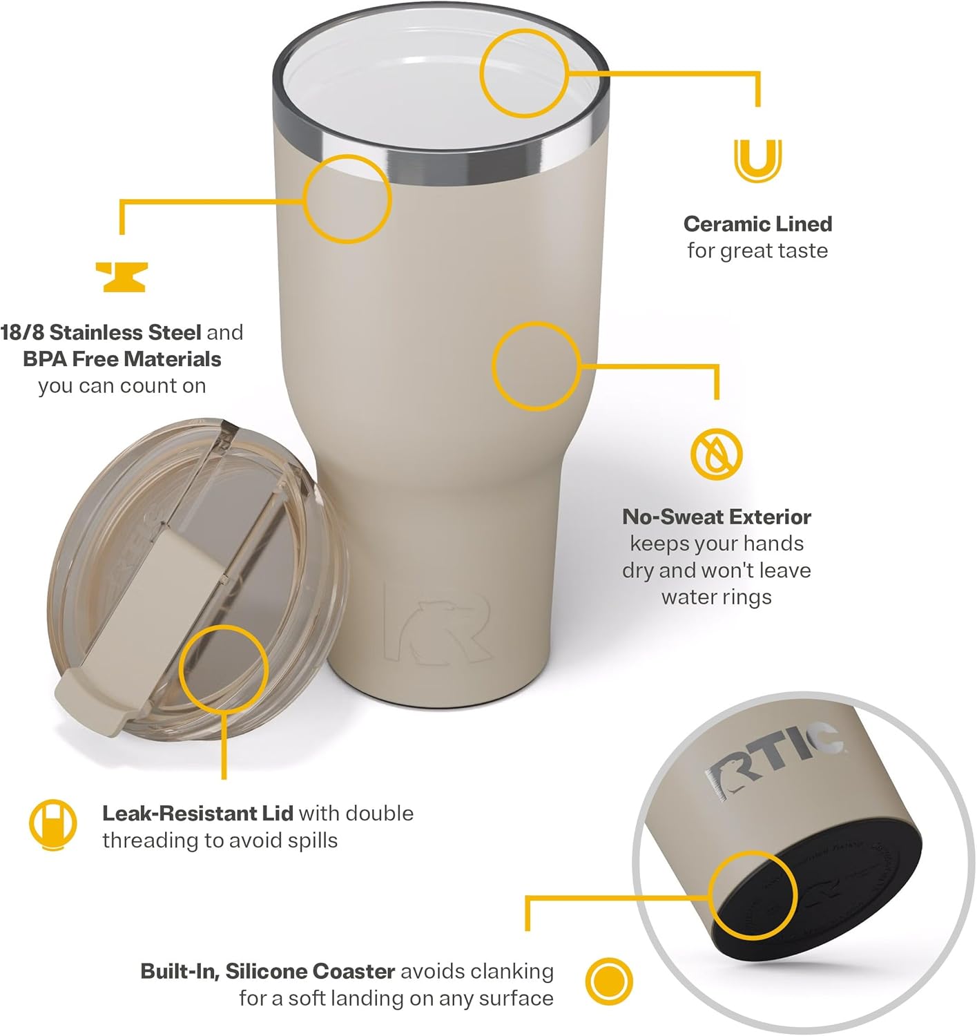 RTIC 40oz Essential Tumbler with Lid, Insulated, Stainless Steel, Metal, Double Wall Vacuum-Insulation, Ceramic Lined, Travel Cup for Iced Coffee, Tea, Hot and Cold Drink, Beach