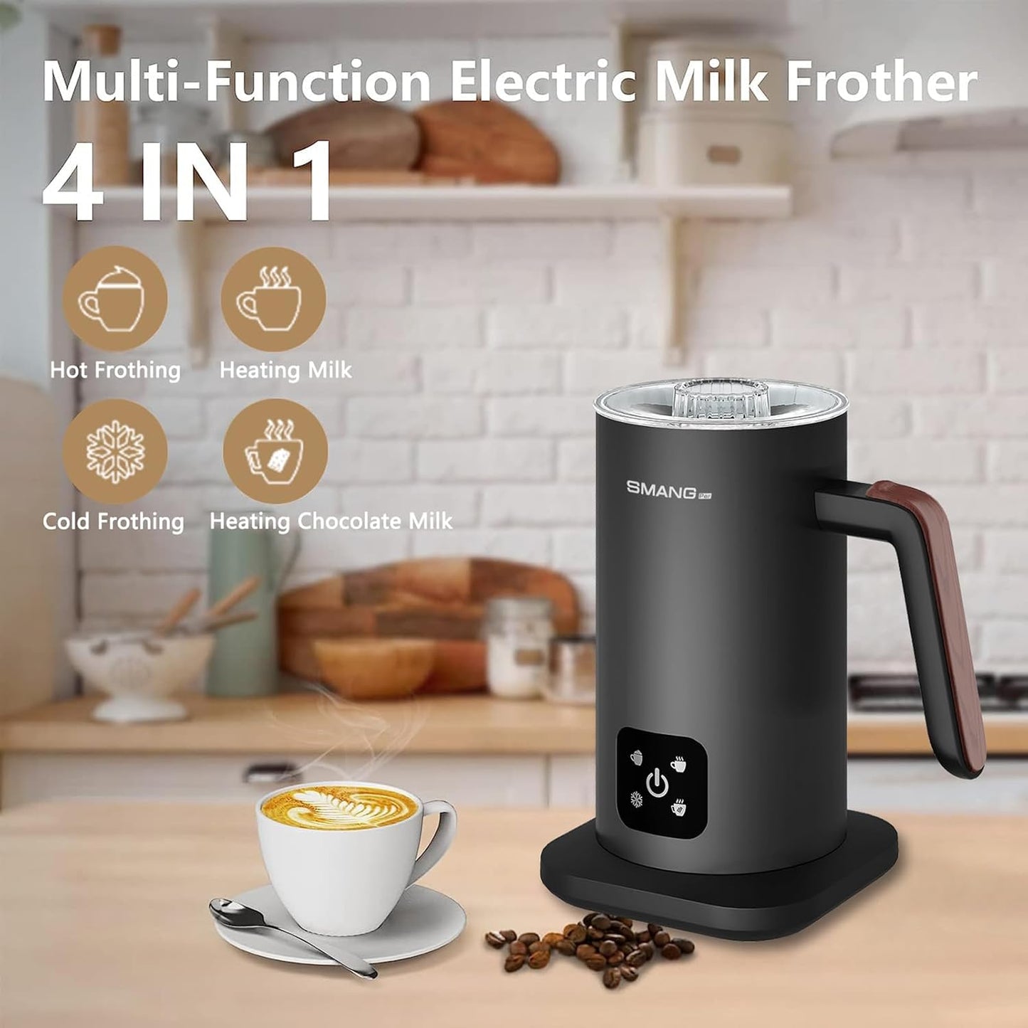 Electric Milk Frother, 4 in 1 Milk Steamer, 11.8oz/350ml Automatic Hot and Cold Foam Maker for Coffee, Latte, Cappuccino, Macchiato, Hot Chocolate, Stainless Steel Body, Matte Black