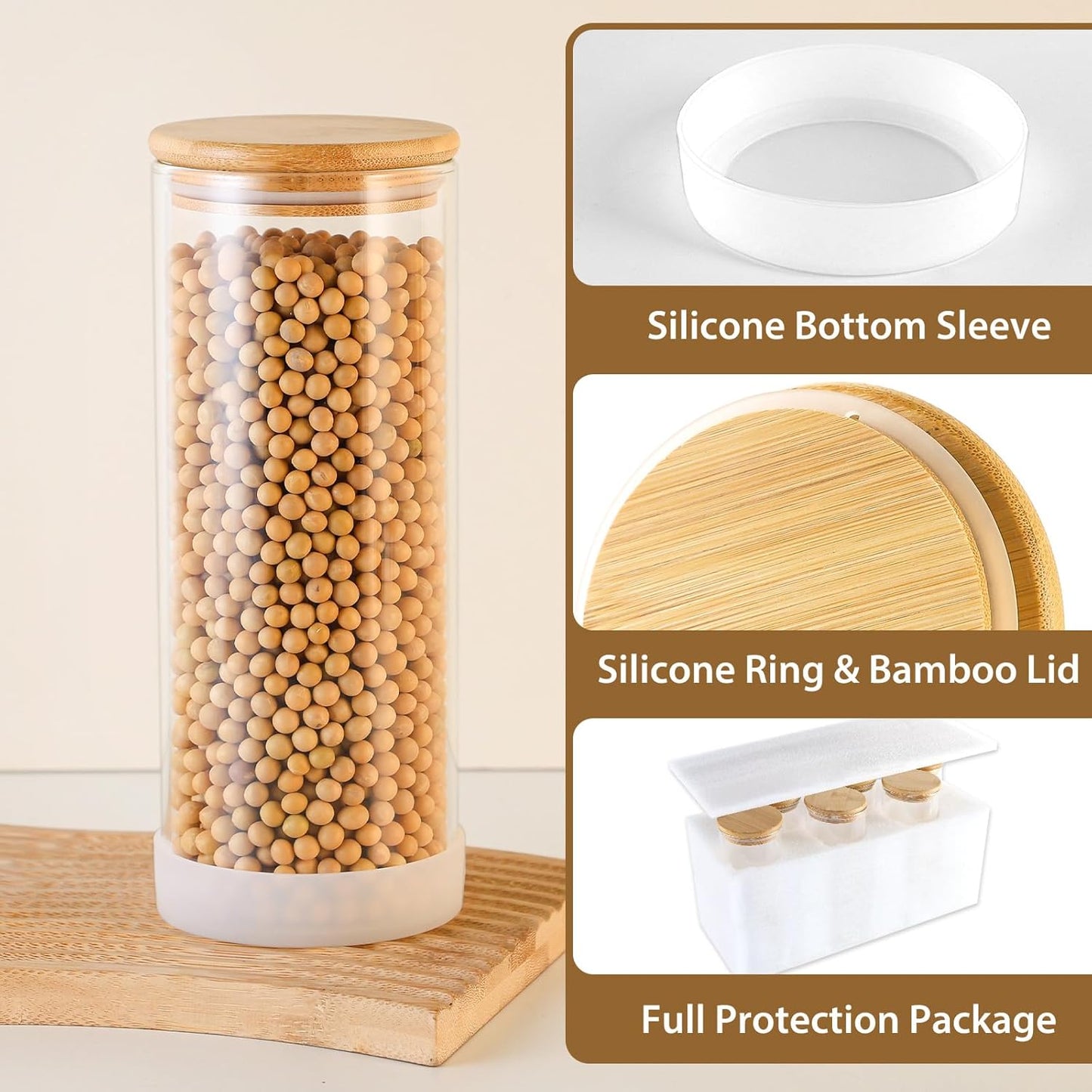 34oz Round Glass Storage Containers with Bamboo Lids – 6 Pack Clear Food Airtight Glass Jars for Pantry Organizers and Storage, Kitchen Dry Food, Flour, Cereal, Coffee Beans & Staples