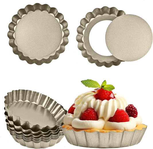 Mini Tart Pan 12PCS, 4 Inch Tart Pan Removable Bottom Non-Stick Tin, 0.9 Inches High Suitable for DIY Making Small Tarts at Home. Champagne Gold Appearance.
