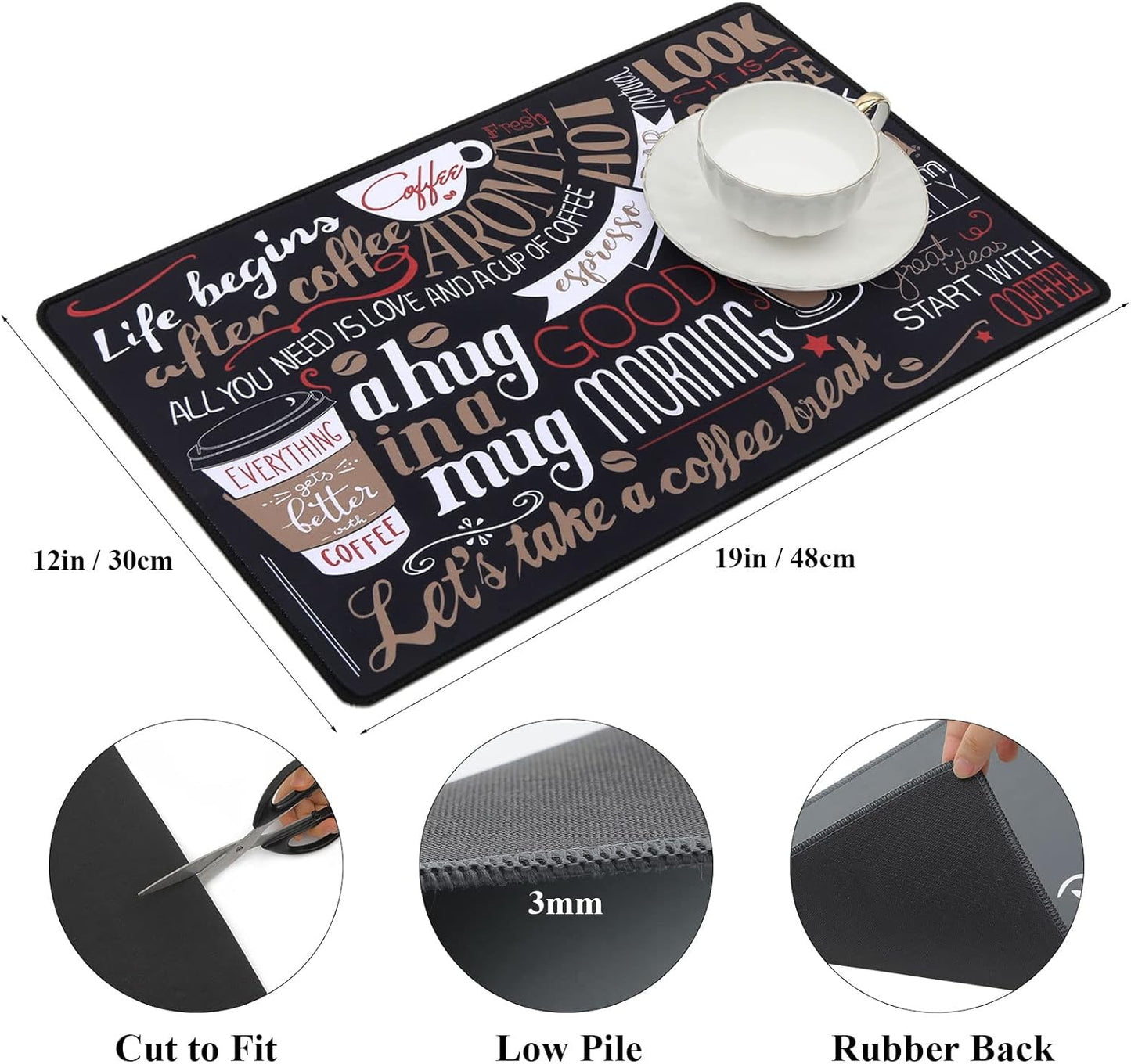 SHACOS Coffee Mat 2-Pack 12x19 inch Absorbent Non Slip Rubber Coffee Maker Mat for Countertop Bar Accessories Espresso Heat Resistant, Black Red