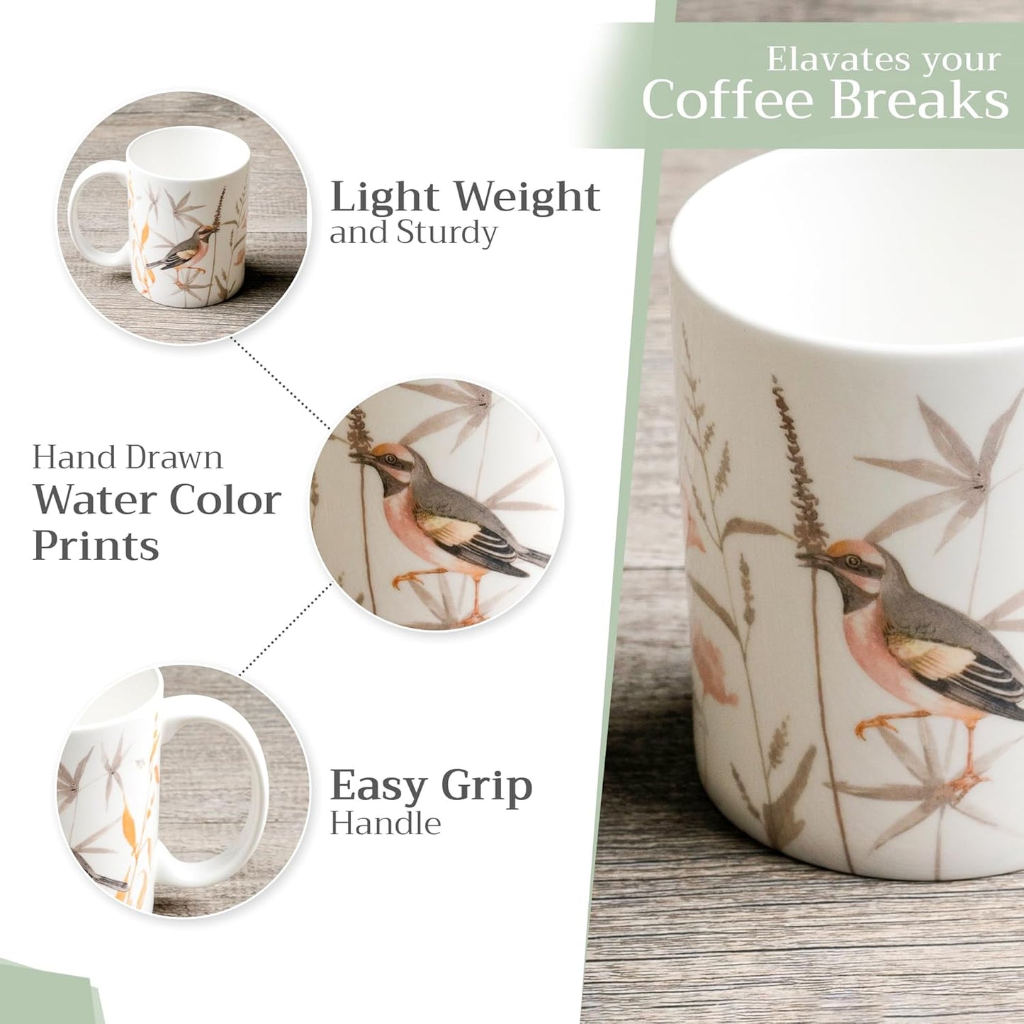 Maison d' Hermine Coffee Mug with Handles Fine Bone China Mugs Pack of Two Tea Cups for Hot Beverages Cappuccino Latte Home Restaurant Office Perfect for Gift (Meadow Florals, 12 Ounce)