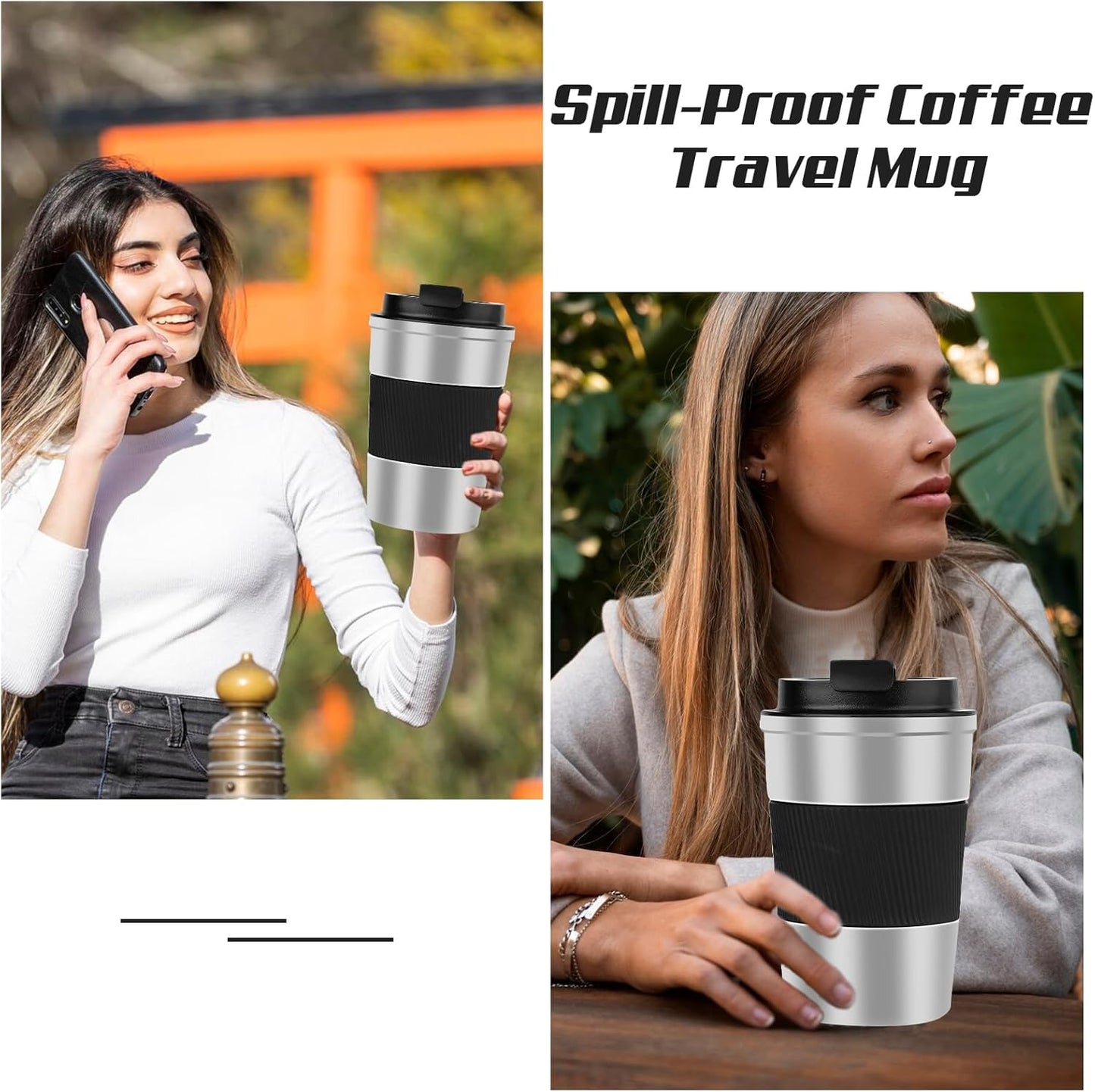 Vacuum-Insulated Stainless Steel Travel Coffee Mug, Leak-Proof Reusable Coffee Cup with Lid - Keep Hot & Cold Drinks for Hours, Durable Thermos Tumbler for Men & Women (3rd-Silver black, 17OZ)