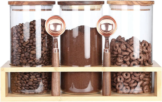 KKC HOME ACCENTS Sealed Glass Food Storage Containers with Airtight Wood Lids and Scoops for Kitchen Counter,Air Tight Sealed Glass Jars for Coffee,Loose Leaf Tea,Brown Sugar,39 Fluid Ounces
