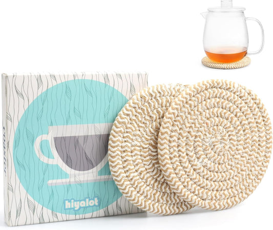 4.8" Drink Cotton Coasters Set of 2 – Boho Woven Drink Pads for Coffee & Tea, Neutral Sandstone Blend Fabric Cup Mats for Desk, Table, Nightstand, Dorm, Giftable Absorbent Coaster Set