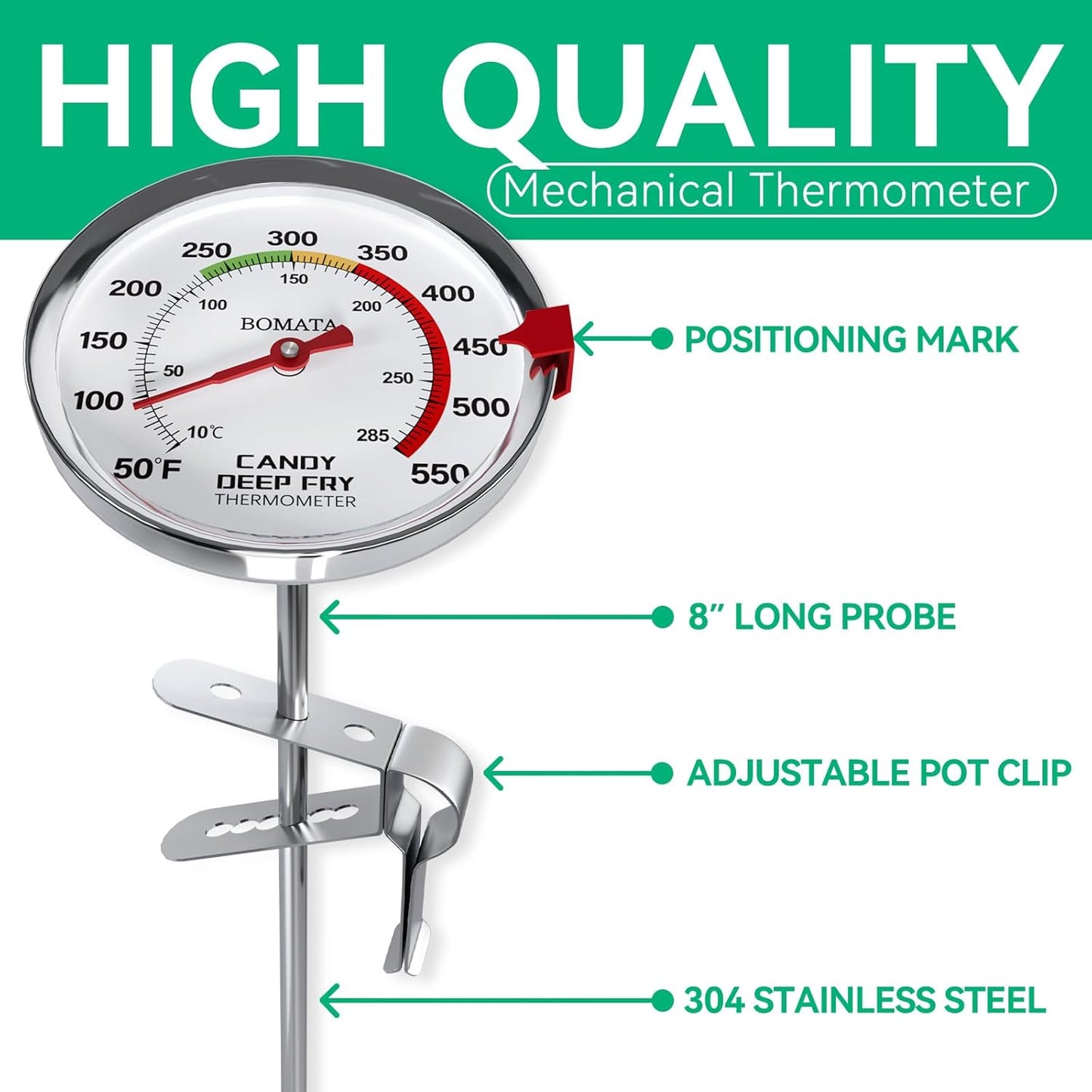 BOMATA Waterproof IP67 Candy Thermometer with Pot Clip, Deep Fry Oil Thermometer with Upgraded 2.5in Large Display for Cooking, Food, Turkey, BBQ, Grill... Mth400