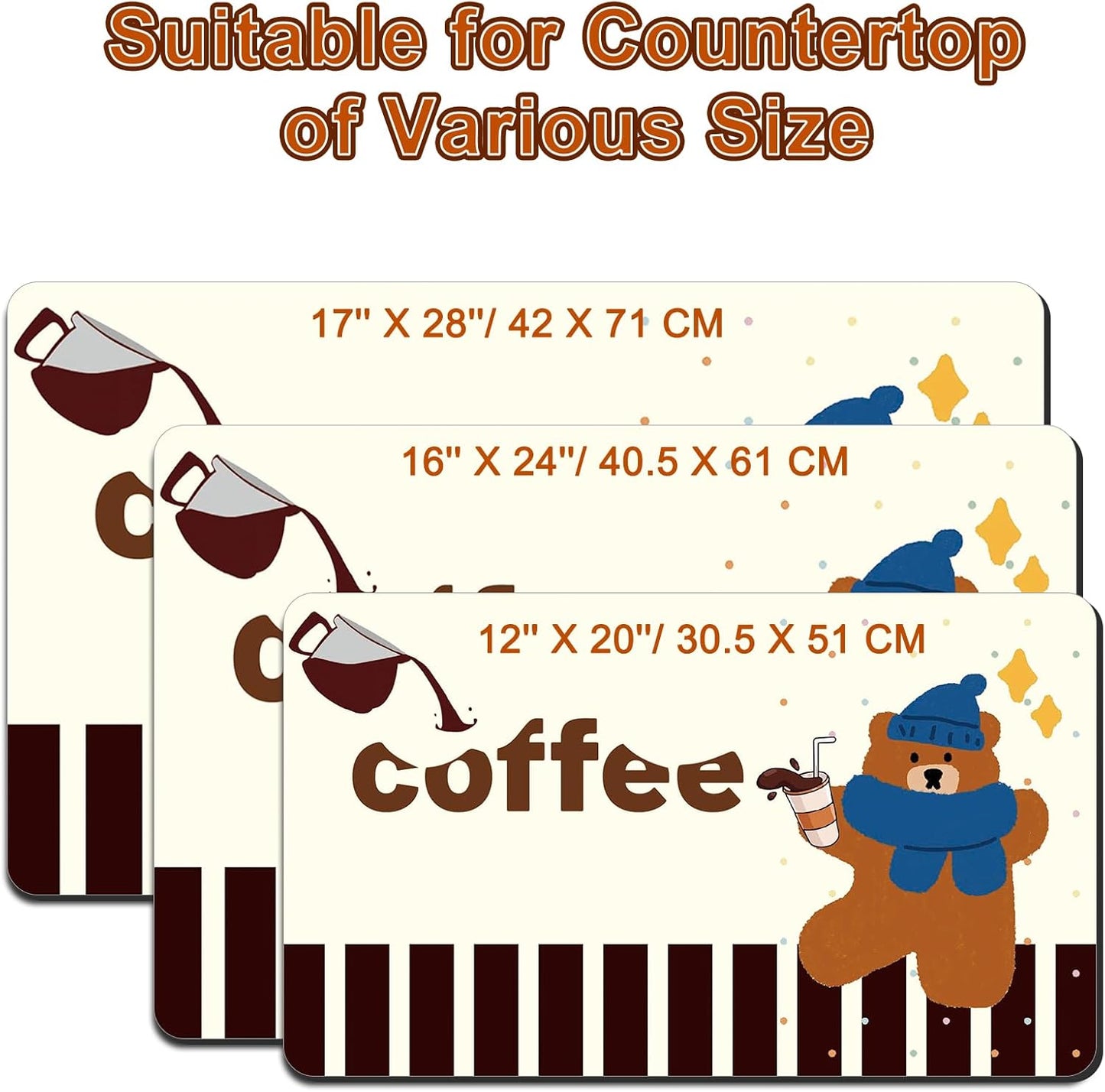 Coffee Bar Mat for Countertop, 17" X 28” Super Absorbent Dish Drying Mat, Large Kitchen Counter Mats Fits Under Coffee Maker, Non-slip Espresso Machine Pad, Bear Coffee