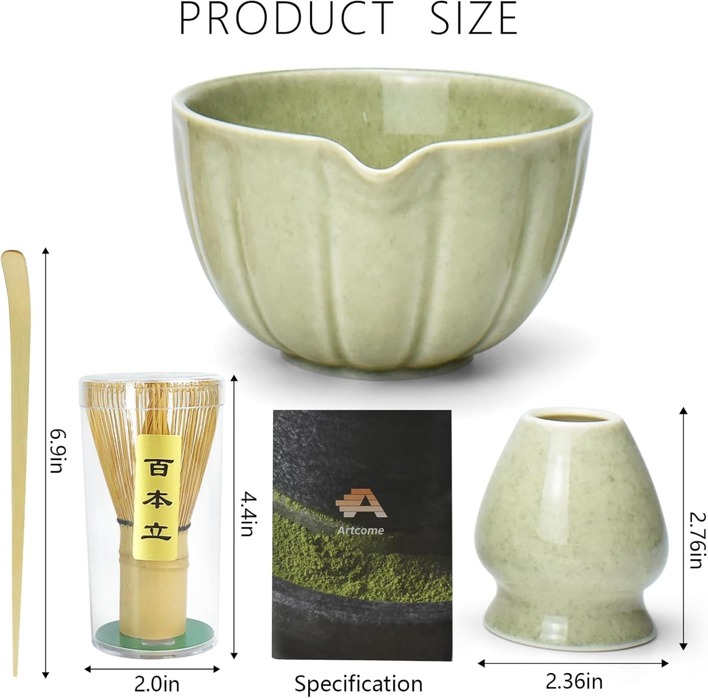 Artcome 4 Pcs Japanese Matcha Tea Set - Matcha Bowl with Pouring Spout, Matcha Whisk, Tea Scoop, Whisk Holder, Handmade Matcha Ceremony Kit For Japanese Tea Ceremony, Mottled Green