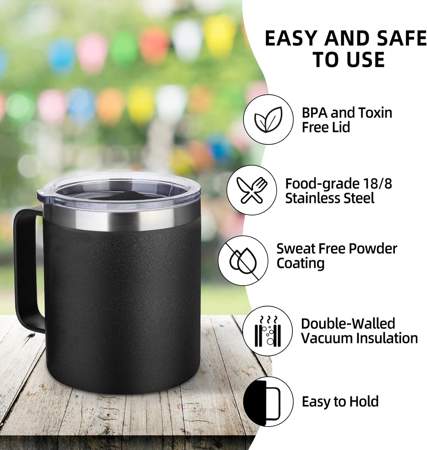 Volhoply 14oz Insulated Stainless Steel Coffee Mug with Lid Bulk 4 Pack,Double Wall Vacuum Travel Coffee Cup with Handle,Reusable Metal Cups Tumbler,Camping Mugs Keep Hot,Ideal Gifts(Black,4)