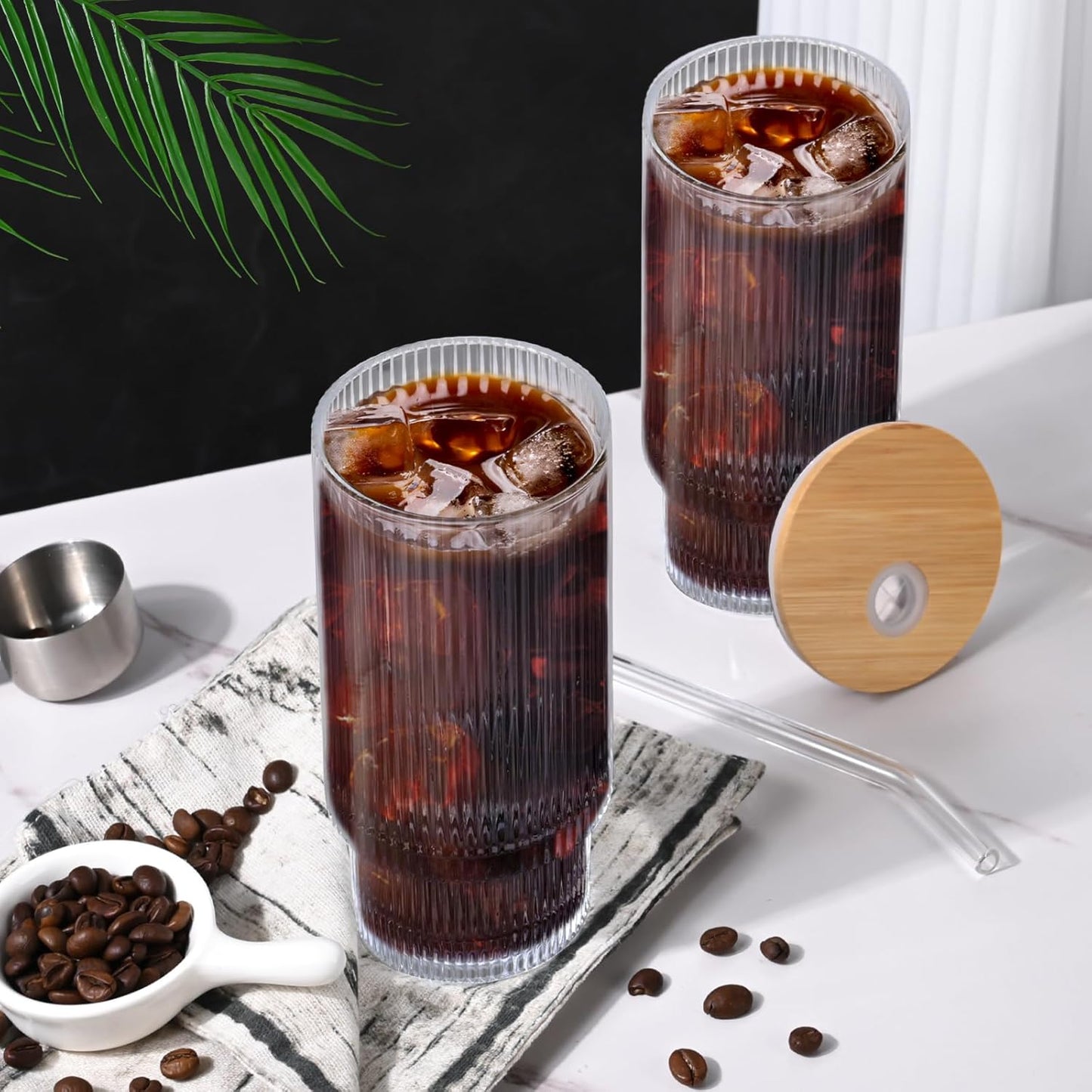 16OZ Ribbed Glass Cups with Lids and Straws,Iced Coffee Cups with Bamboo Lid,Vintage Glassware for Whiskey Cocktail Beer Fruit Juice Glasses Tumbler(2 Pack)