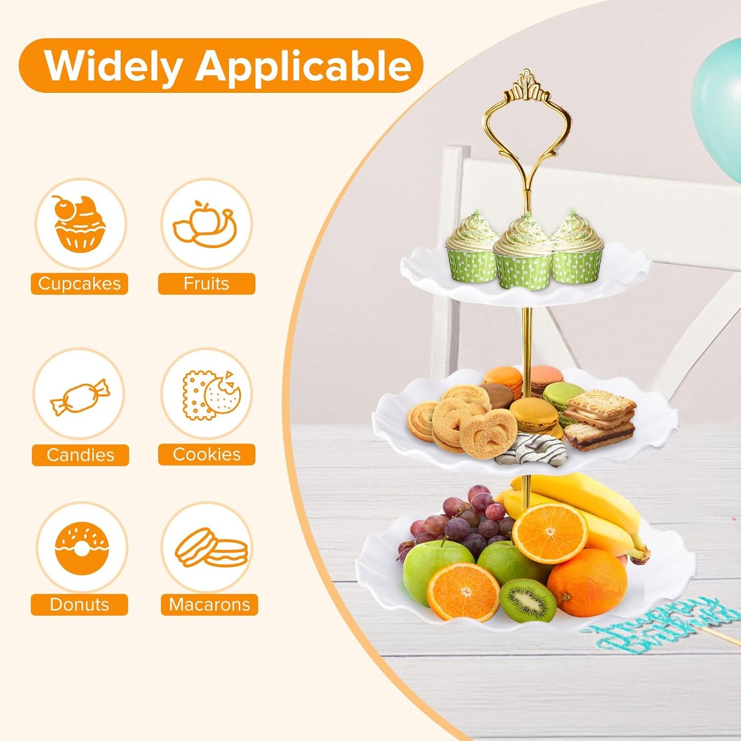 Hoedia 3 Tier Cupcake Stand Tower, Plastic White Cup Cake Holder for Dessert stands, Tiered Serving Tray for Tea Party, Birthday Party, Wedding Decor and Baby Shower(Round Wave)