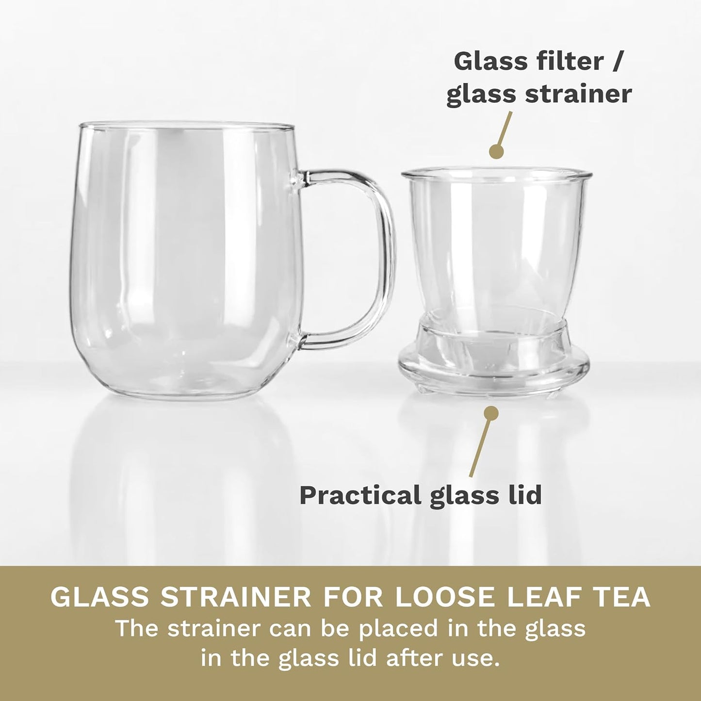 Creano Tea Glass 450 ml – Large Tea Cup with Strainer and Glass Lid – An ideal Tea Maker