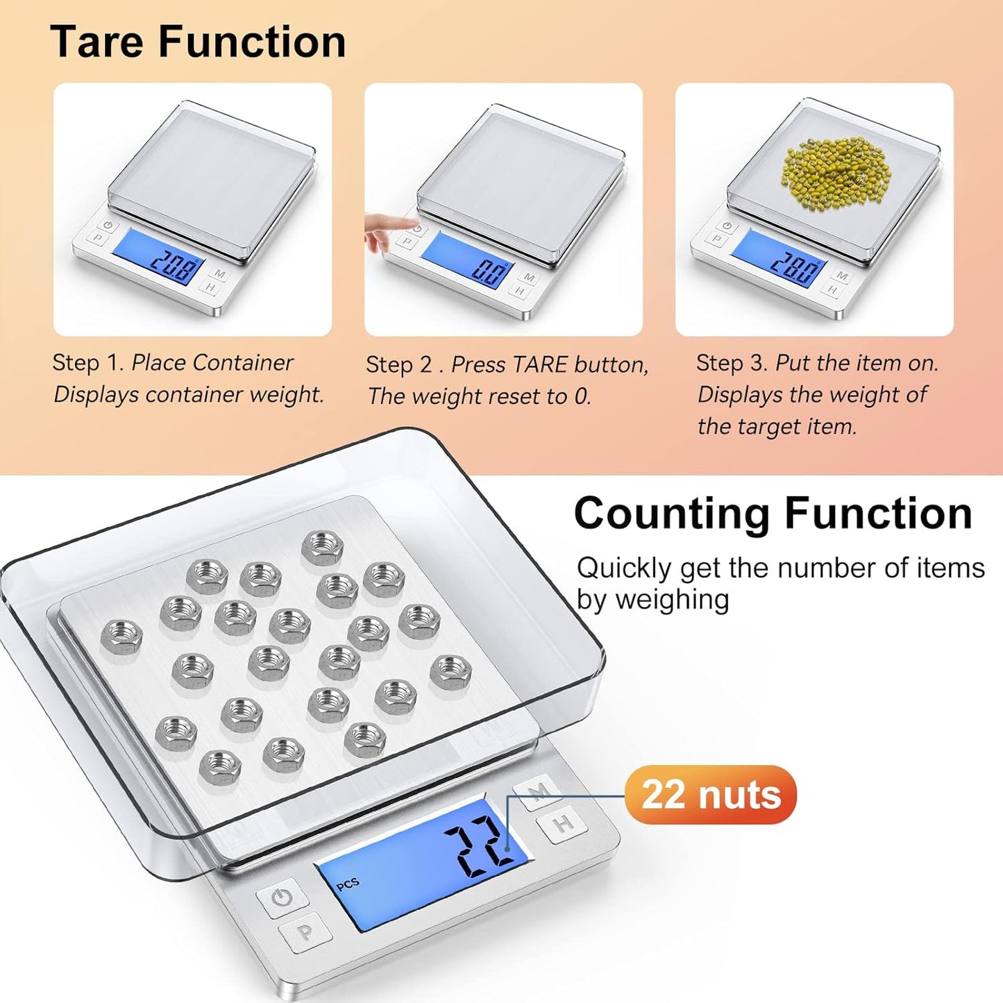 BOMATA Upgraded Small Food Scale, 0.1 g/0.001 oz High Precision, 3000 g/6.6 lb, with New Hold Function and Larger Display, USB Rechargeable, Digital Kitchen Scale for Small Item, Jewelry. Sliver