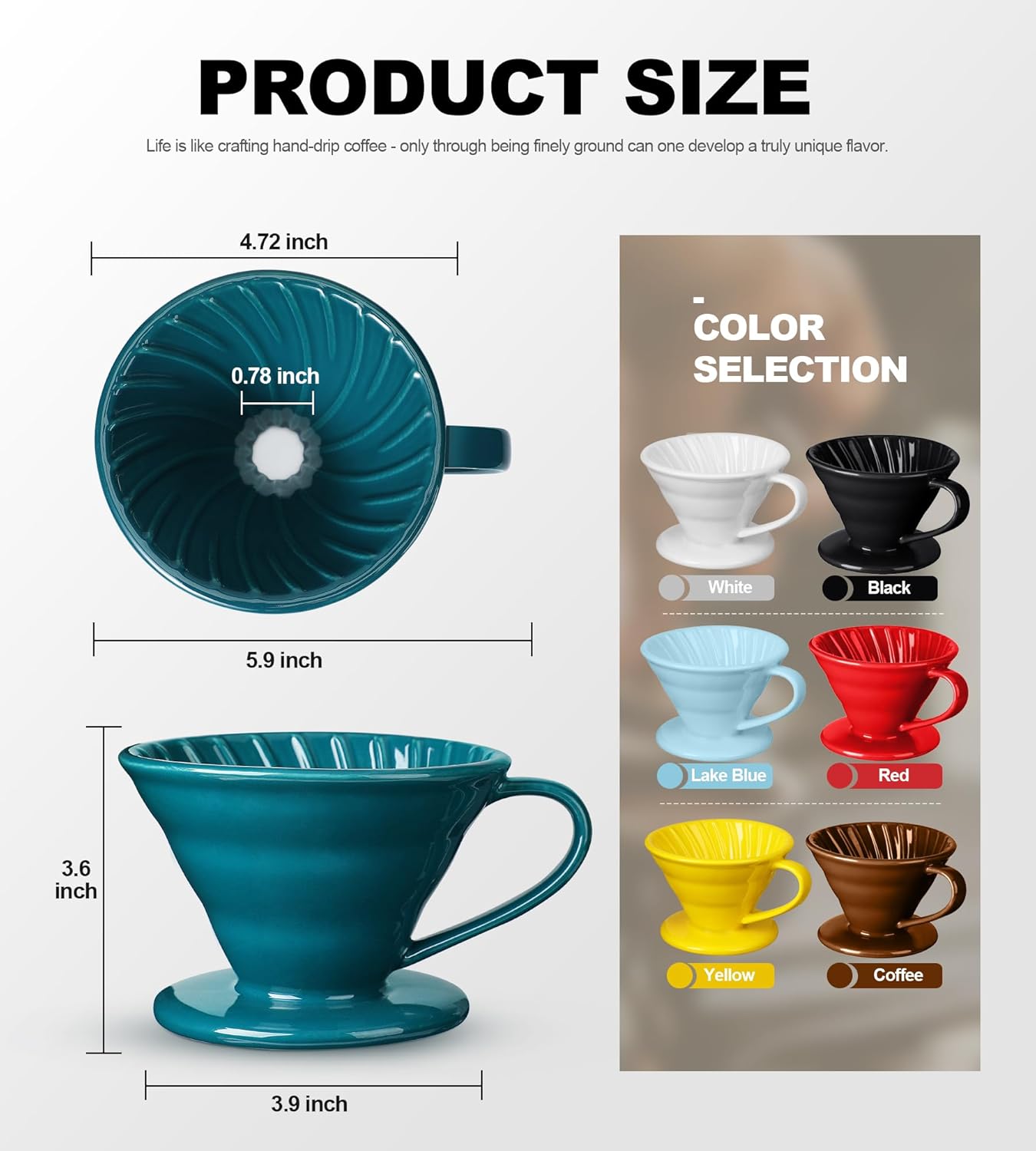 Pour Over Coffee Dripper - Ceramic Pour Over Coffee Maker Cone, Porcelain Coffee Drip, Pour Over Single Cup, Manual Brew Maker for Home, Cafe, Office - 1-4Cup, V60 Size 02 (Dark green)