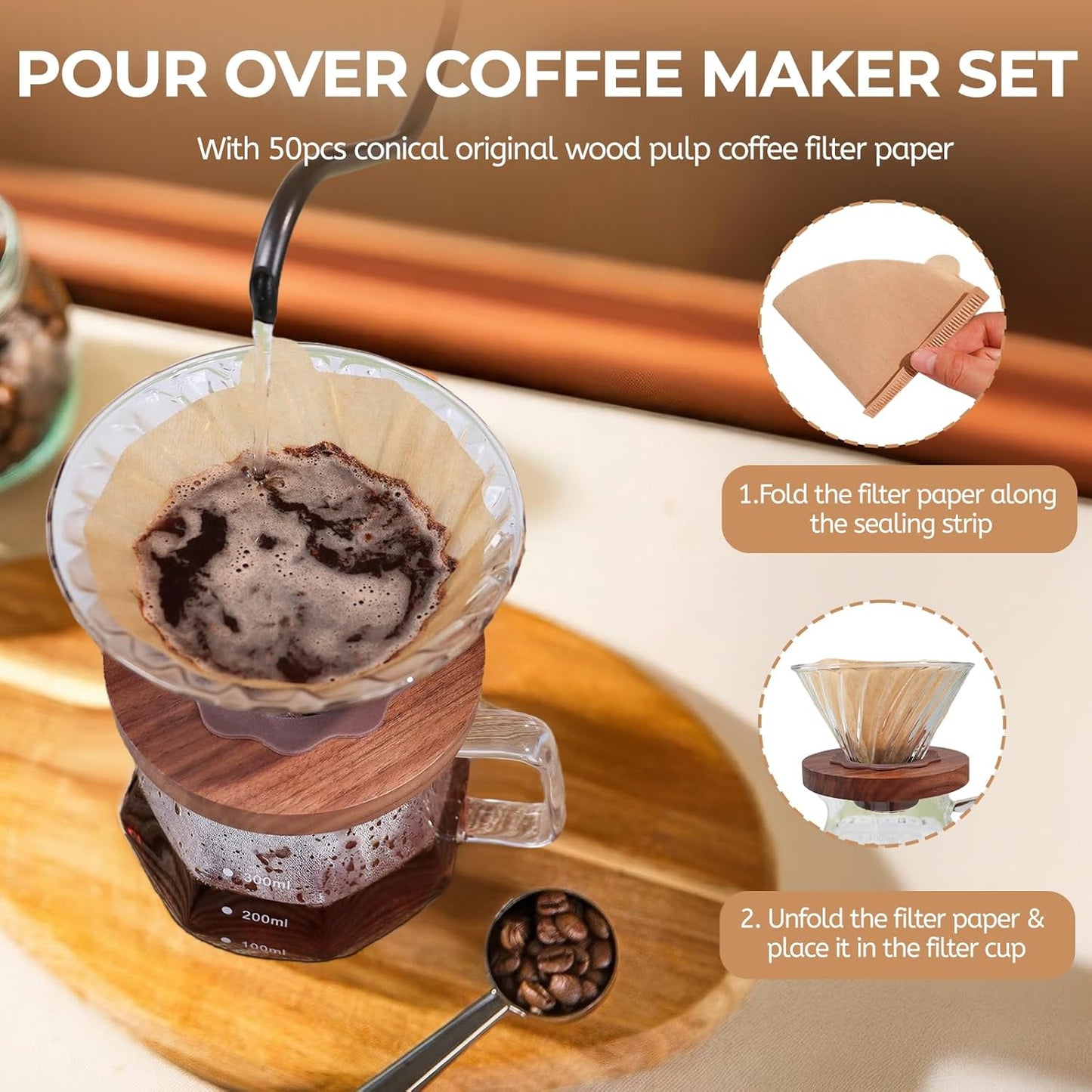 Pour Over Coffee Maker 400ml Borosilicate Glass Drip Coffeemaker Server Set with 50pcs V60 Cone Paper Filters Walnut Collar Glass Lid Clear Hand Brew Dripper Carafe for Home Camping Travel 13.53oz