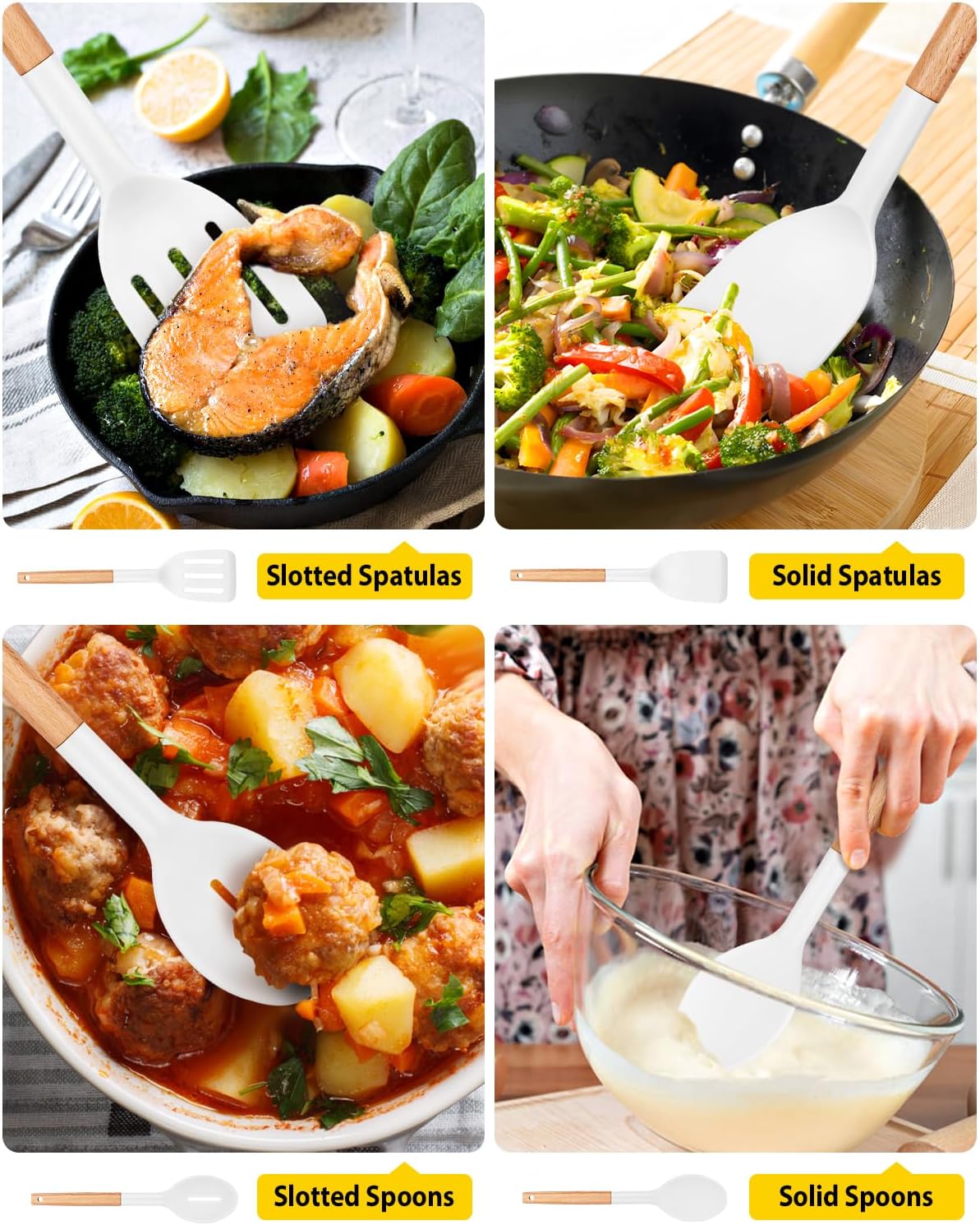 Pack of 4 Silicone Cooking Utensils Set, Non Stick Solid Spatulas and Heat Resistant Slotted Spoons with Wooden Handle, Ideal Wood Kitchen Utensils Set for Frying,Serving,Turning,Stirring (WHITE)