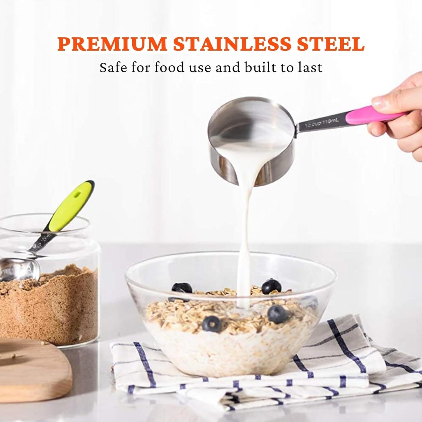 Stainless Steel Measuring Cups and Spoons Set of 16, 5 Measuring Cups with Colored Silicone Handles, 6 Nesting Spoons, 5 Mini Spoons, Kitchen Gadgets for Cooking & Baking, Dry and Liquid Ingredients