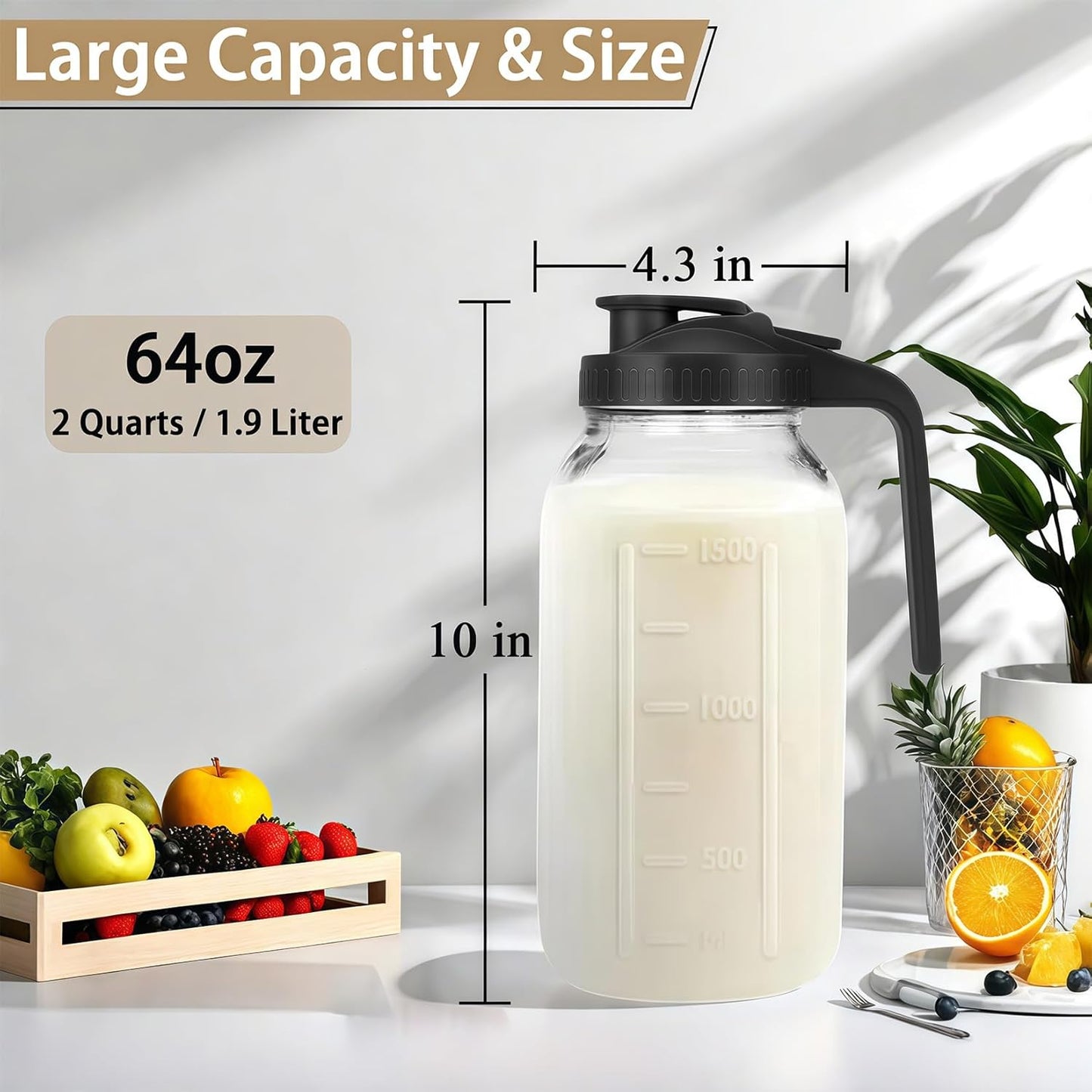 64oz Glass Pitcher with Handle and Lid, 2 Quart Mason Jar Pitcher - Airtight & Leakproof Water Jug with Pour Spout Lid, Glass Containers for Fridge, Perfect for Juice, Cold Brew, Iced & Sun Tea