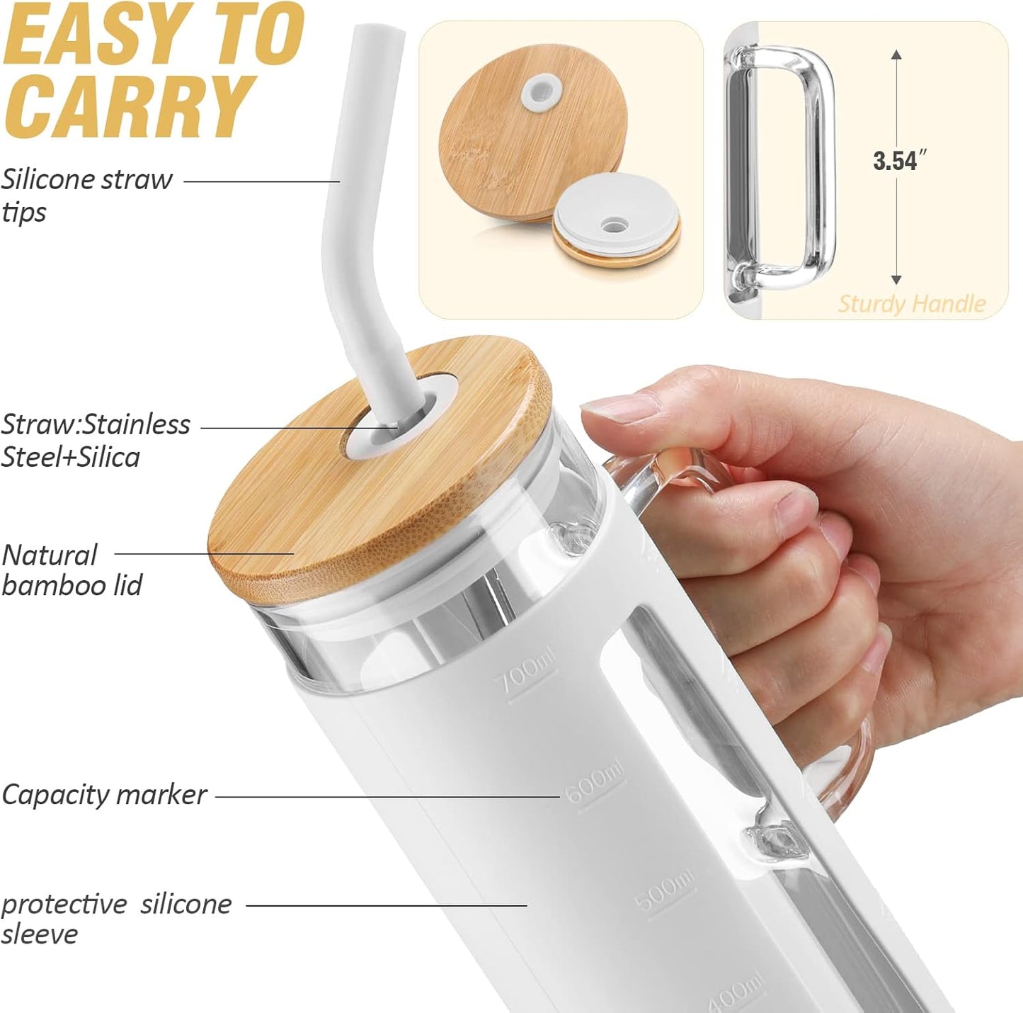 Kodrine Tumbler with Lid and Straw, 24 oz Glass Tumbler with Handle, Iced Coffee Cup Boba Smoothie Cup, Coffee Tumbler Water Tumbler Cups with Bamboo Lid Home Office Tumblers, White