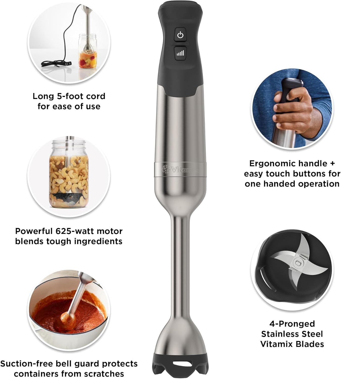 Vitamix 5-Speed Immersion Blender 3-Piece Bundle, 625-Watt Motor, One-Handed Operation, 5 ft cord, includes Whisk Attachment & Storage Case, Stainless Steel/Black