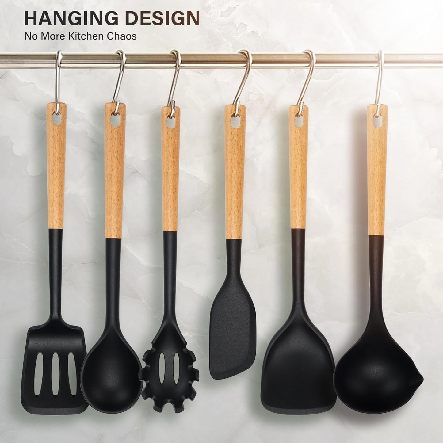 Silicone Cooking Utensils Set, Heat Resistance Large Kitchen Utensils Set with Long Wooden Handle, BPA-free Silicone Spatula, 6 Pcs Cooking Spoons for Non Stick Frying Pans and Pots（Black）